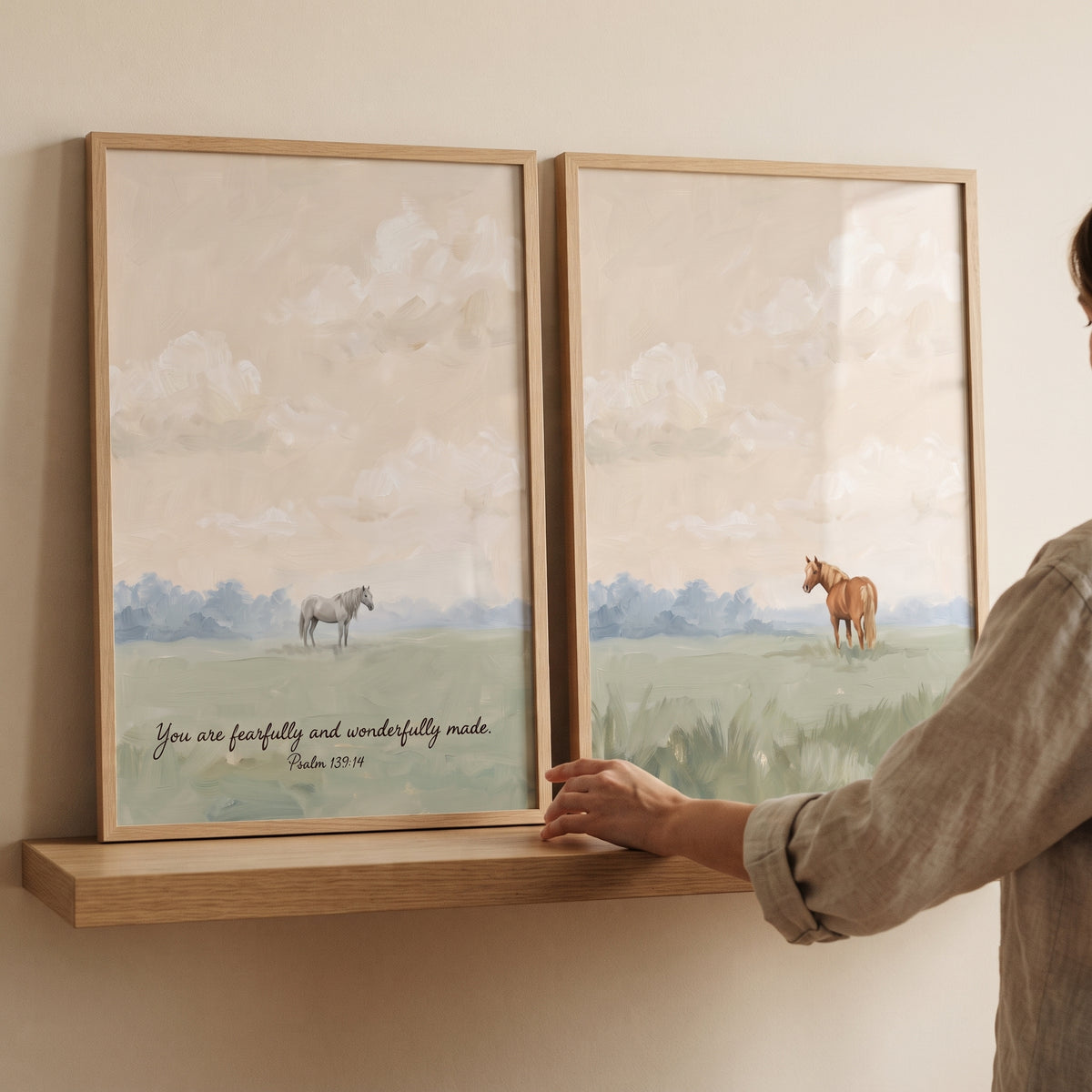 Neutral Cream Meadow Horse Wall Art Set of 2 - Wonderfully Made