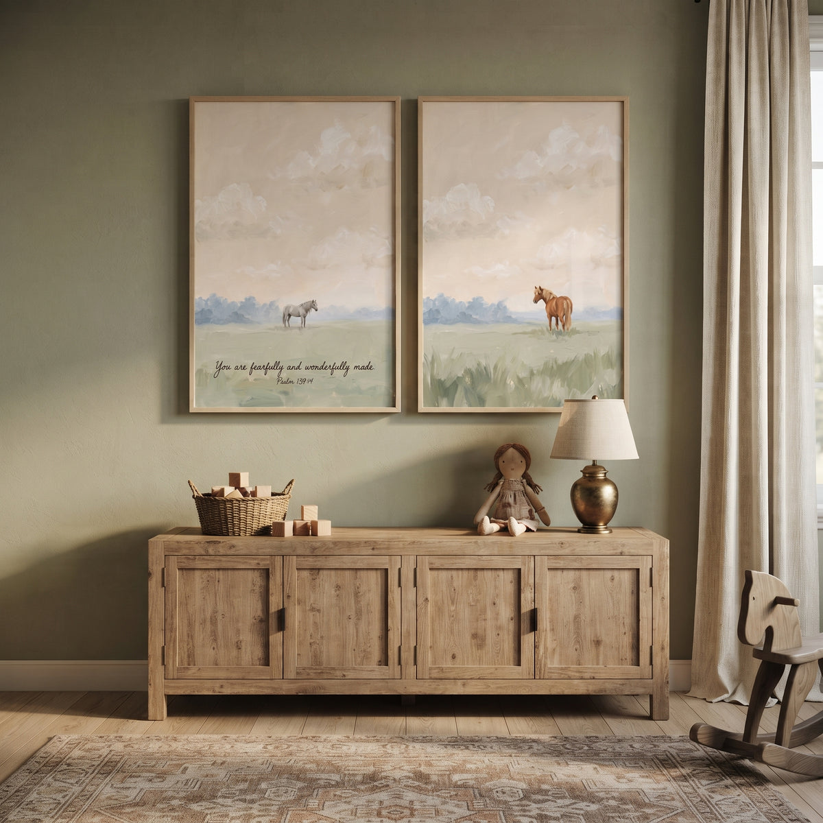 Neutral Cream Meadow Horse Wall Art Set of 2 - Wonderfully Made