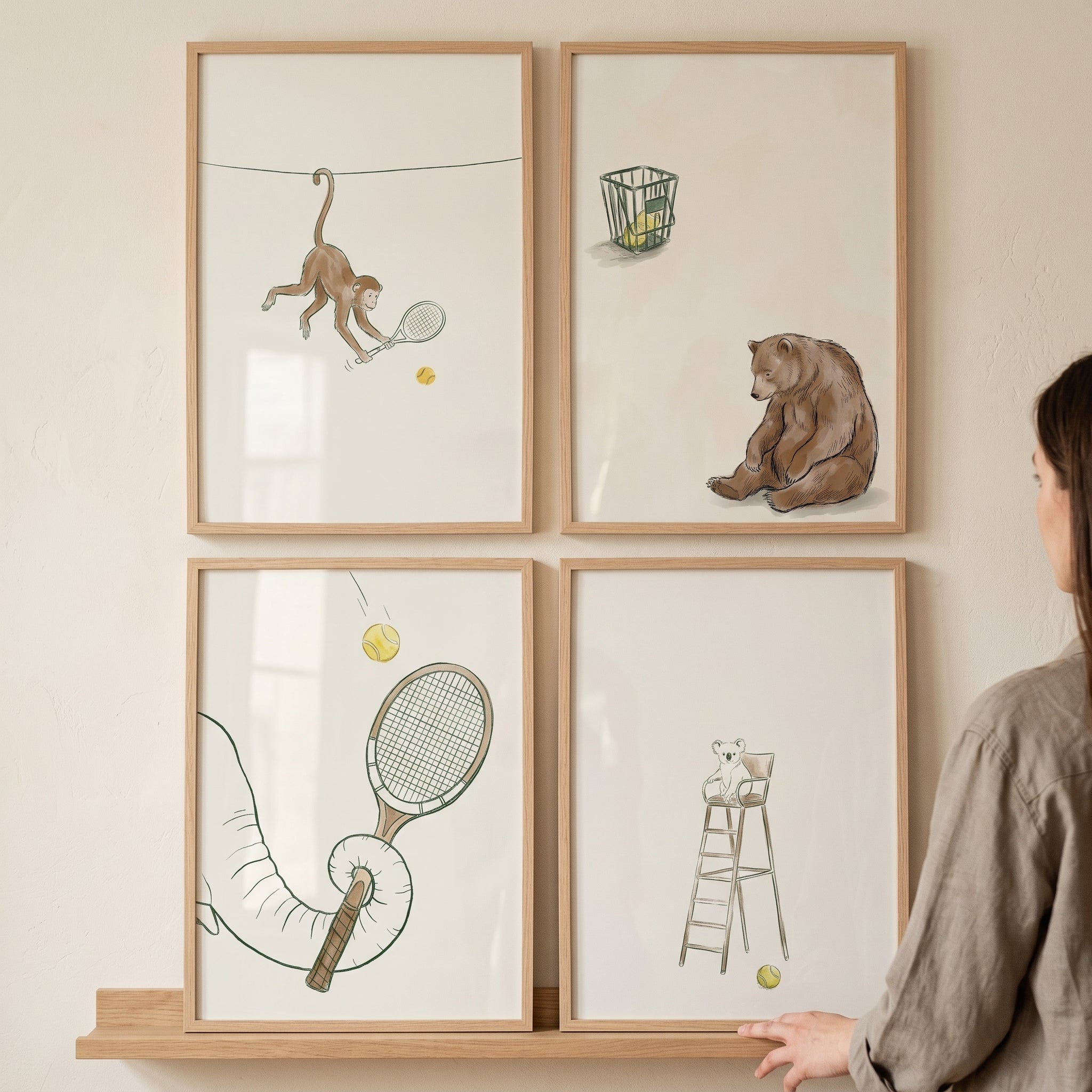 Neutral Cream Tennis Animal Wall Art Set of 4 - Whimsical Court Friends