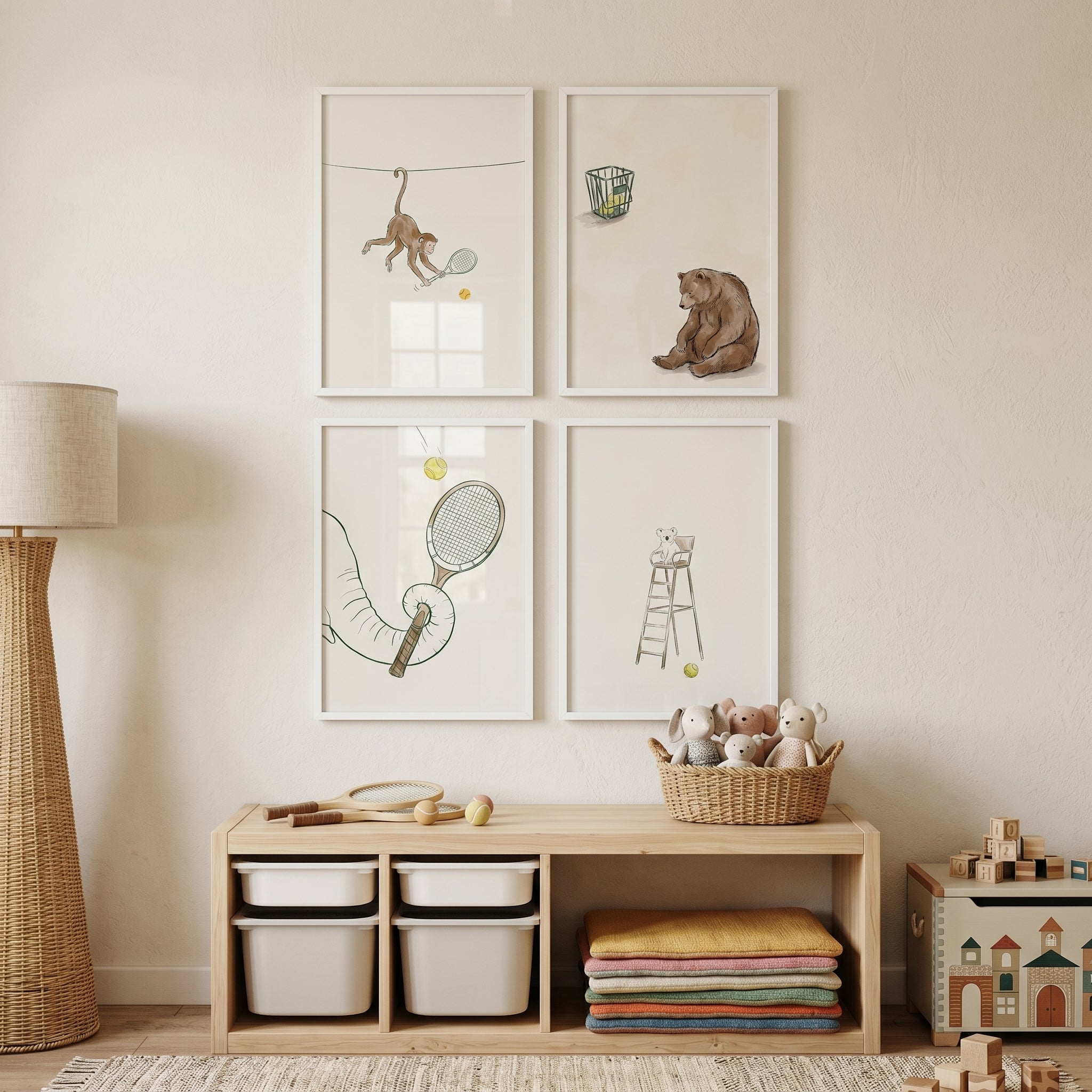 Neutral Cream Tennis Animal Wall Art Set of 4 - Whimsical Court Friends