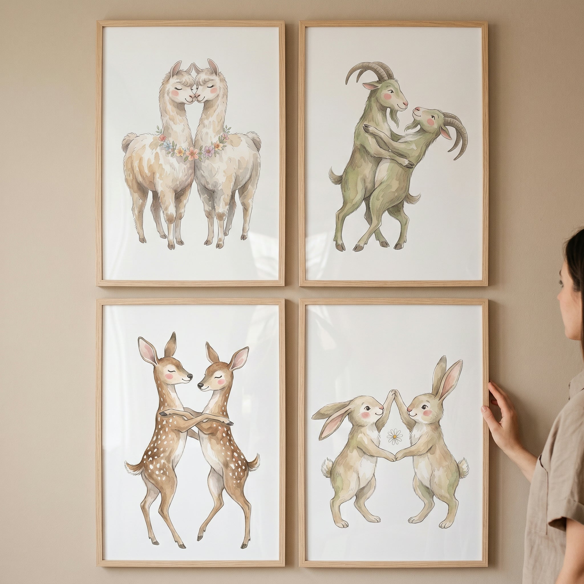 Neutral Dancing Animal Wall Art Set of 4 - Woodland Animal Waltz