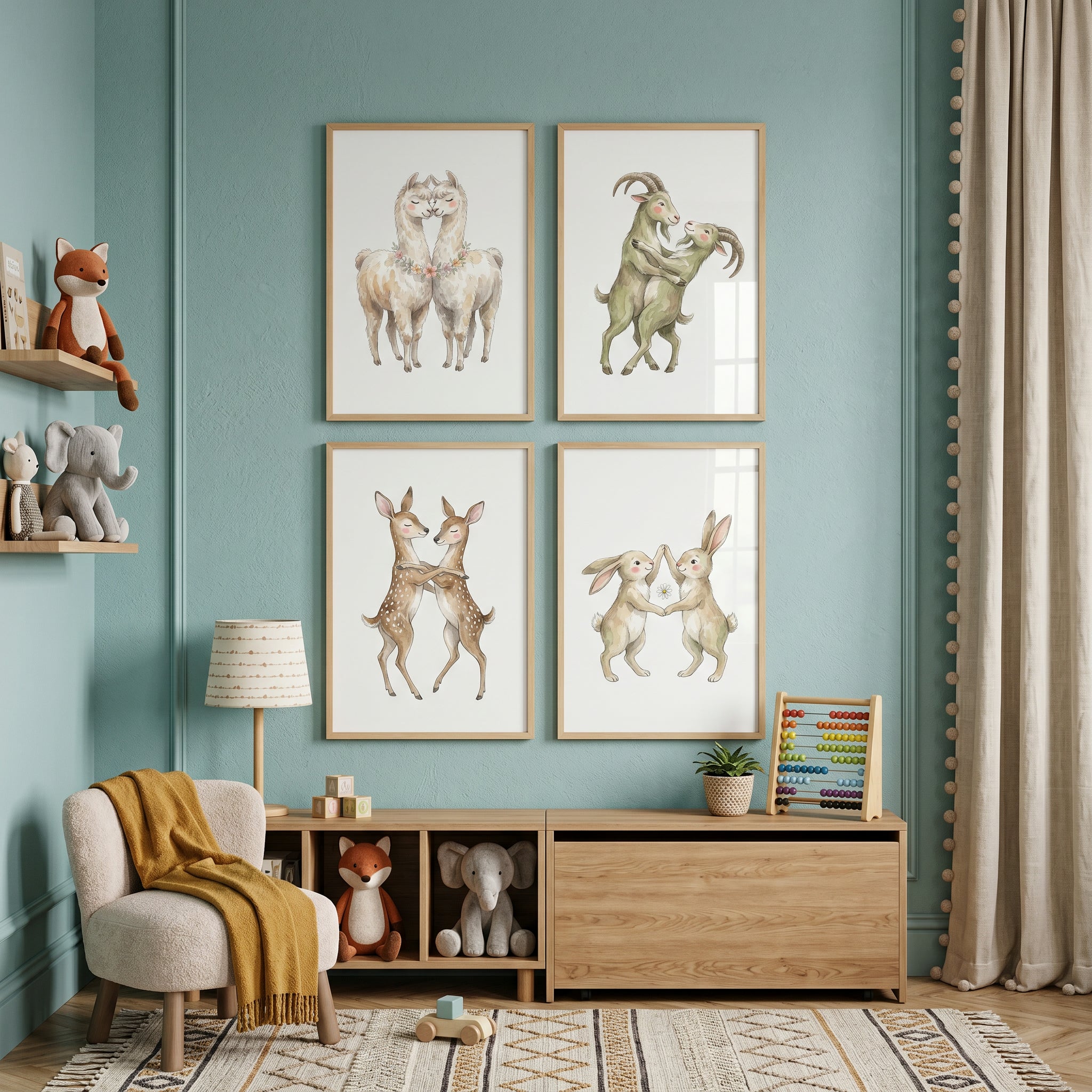 Neutral Dancing Animal Wall Art Set of 4 - Woodland Animal Waltz