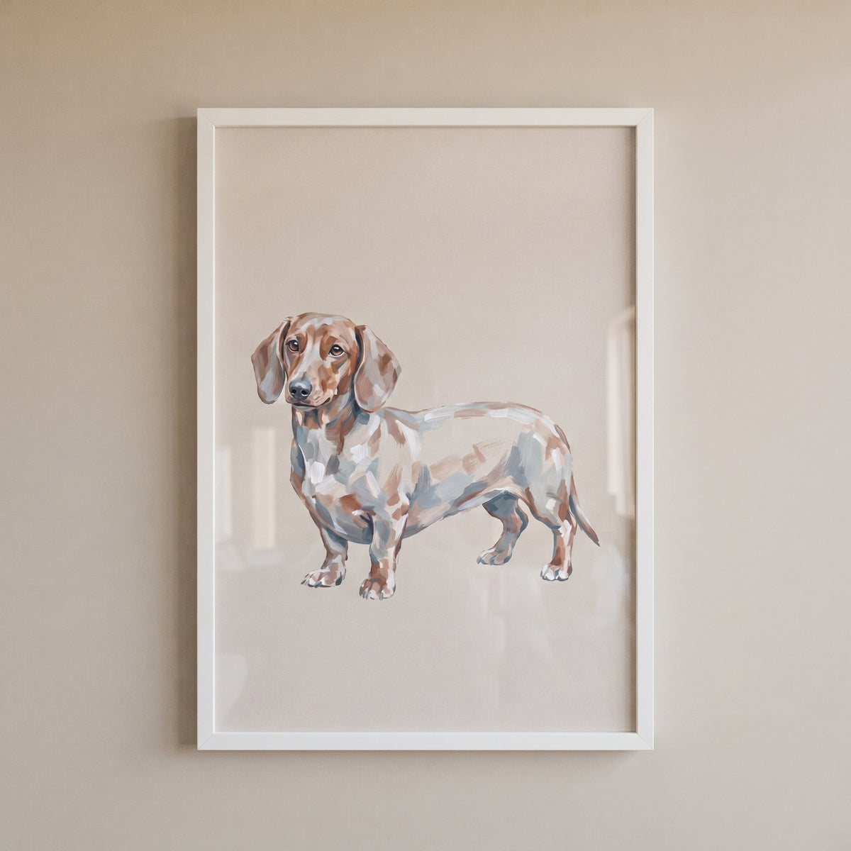 Neutral dapple dachshund wall art in a white frame on a plain beige wall.