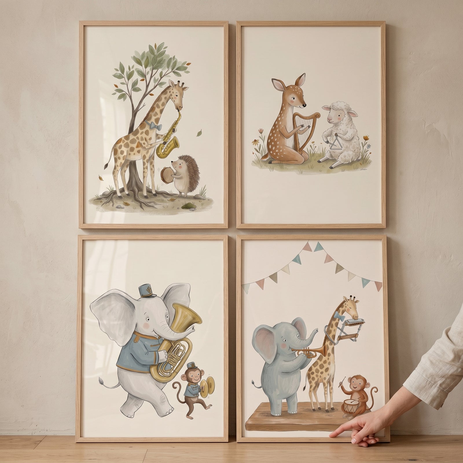 Neutral earth tone animal print set of 4 shows whimsical illustrations of animals playing musical instruments.