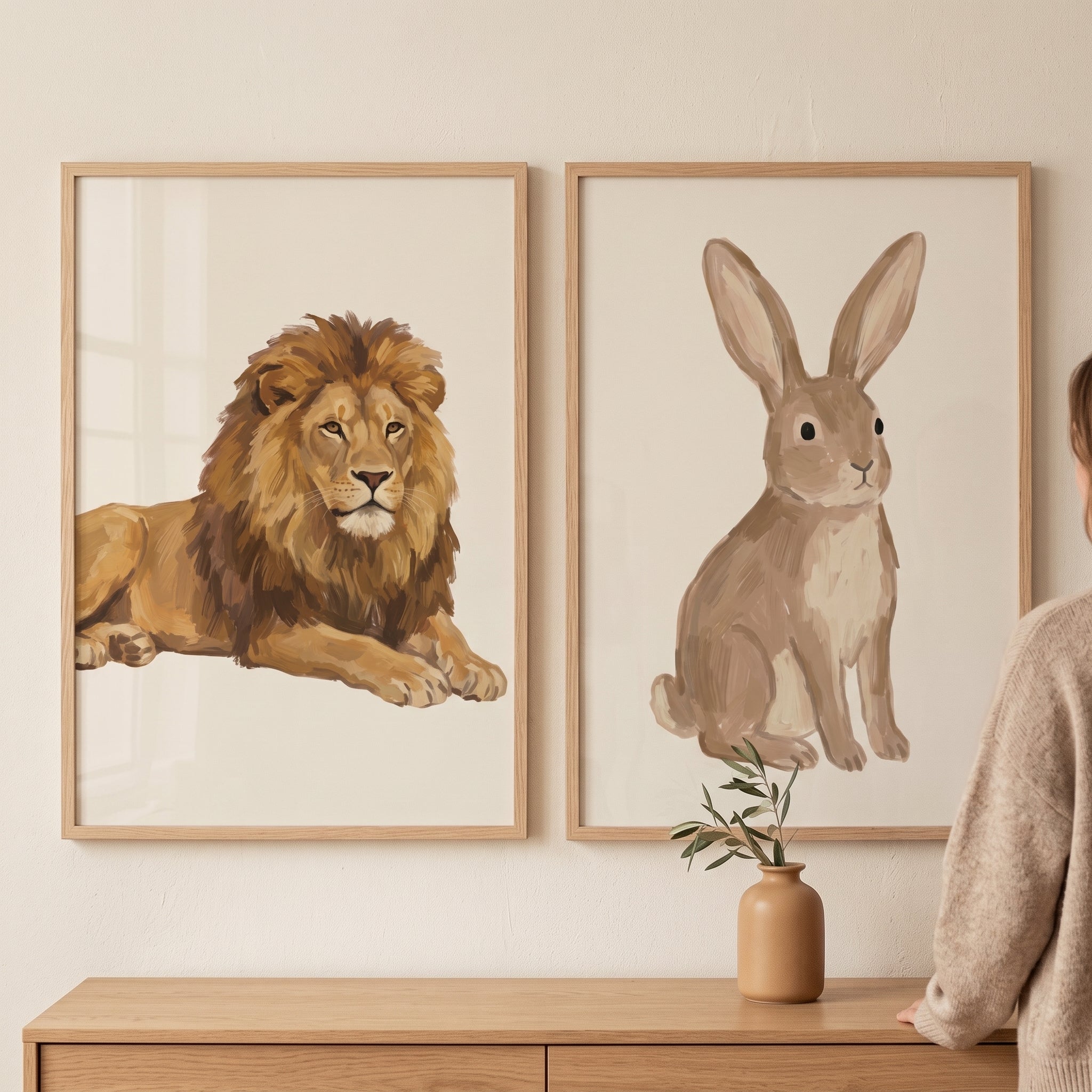 Neutral Earth Tone Animals Wall Art Set of 2 - Lion Rabbit Pair