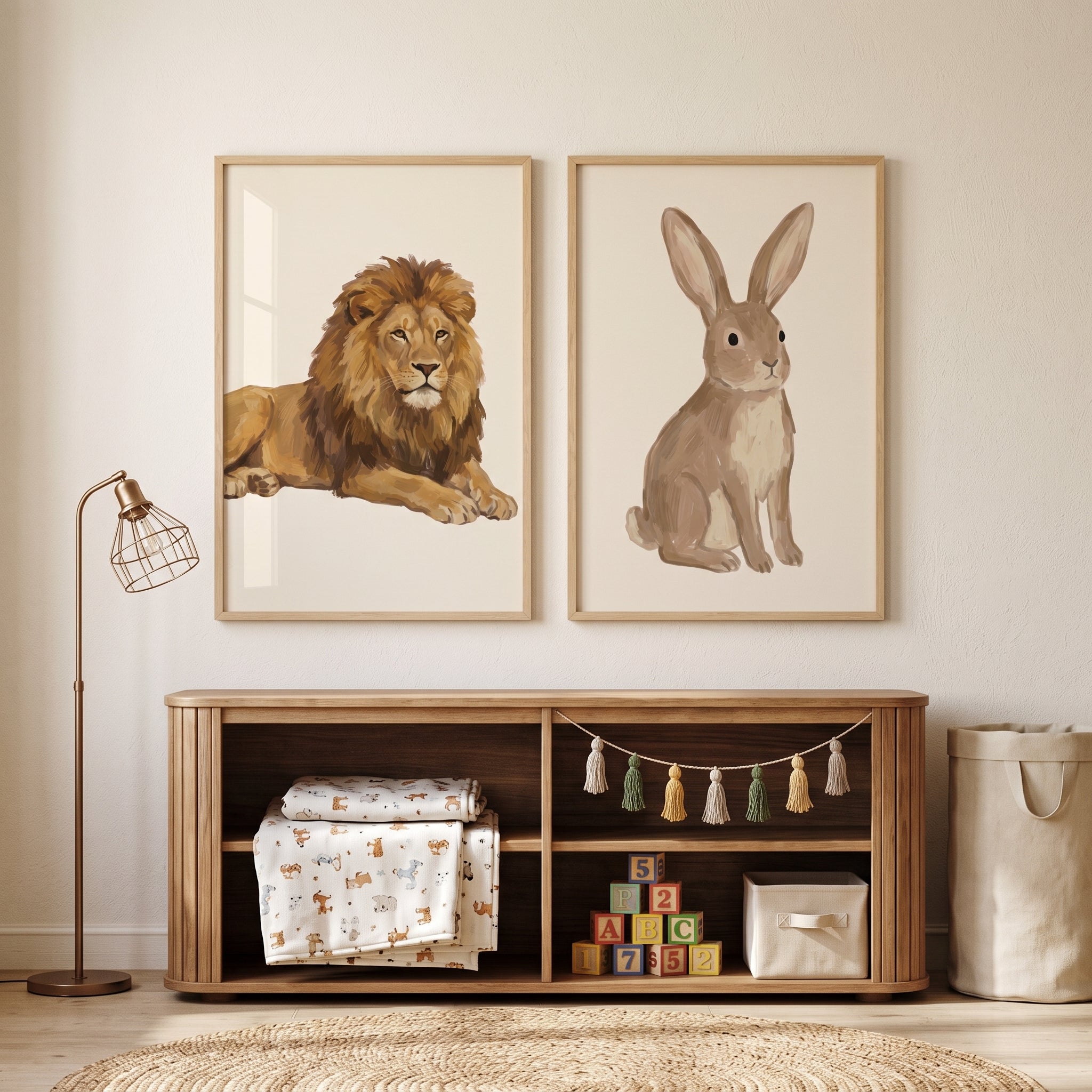 Neutral Earth Tone Animals Wall Art Set of 2 - Lion Rabbit Pair
