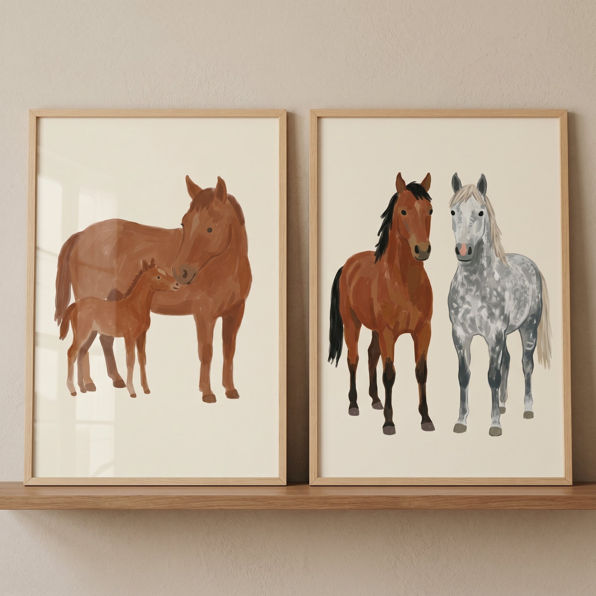 Neutral Earth Tone Horse Wall Art Set of 2 - Majestic Horse Duo
