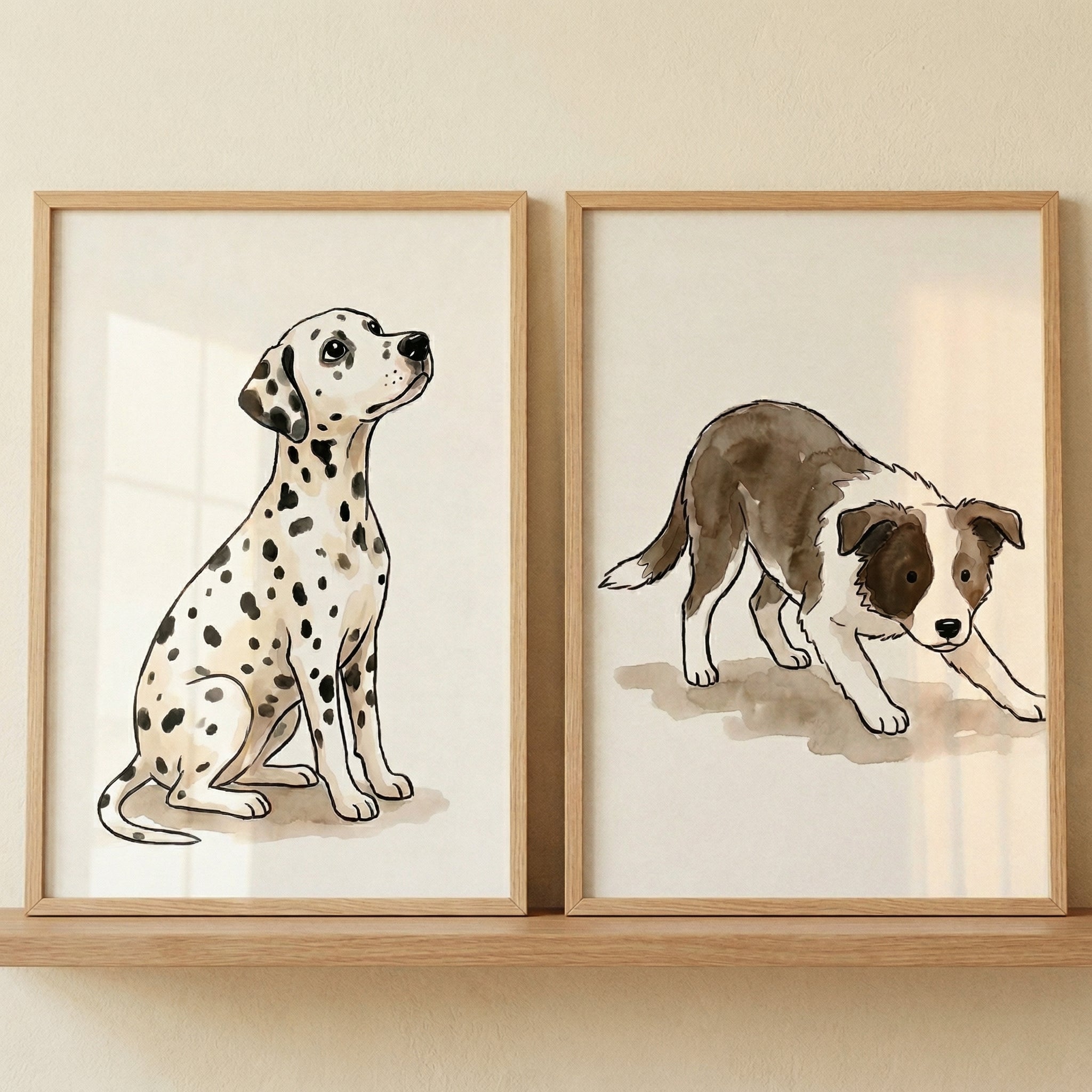 Neutral Earth Tone Puppy Wall Art Set of 2 - Playful Puppy Pair