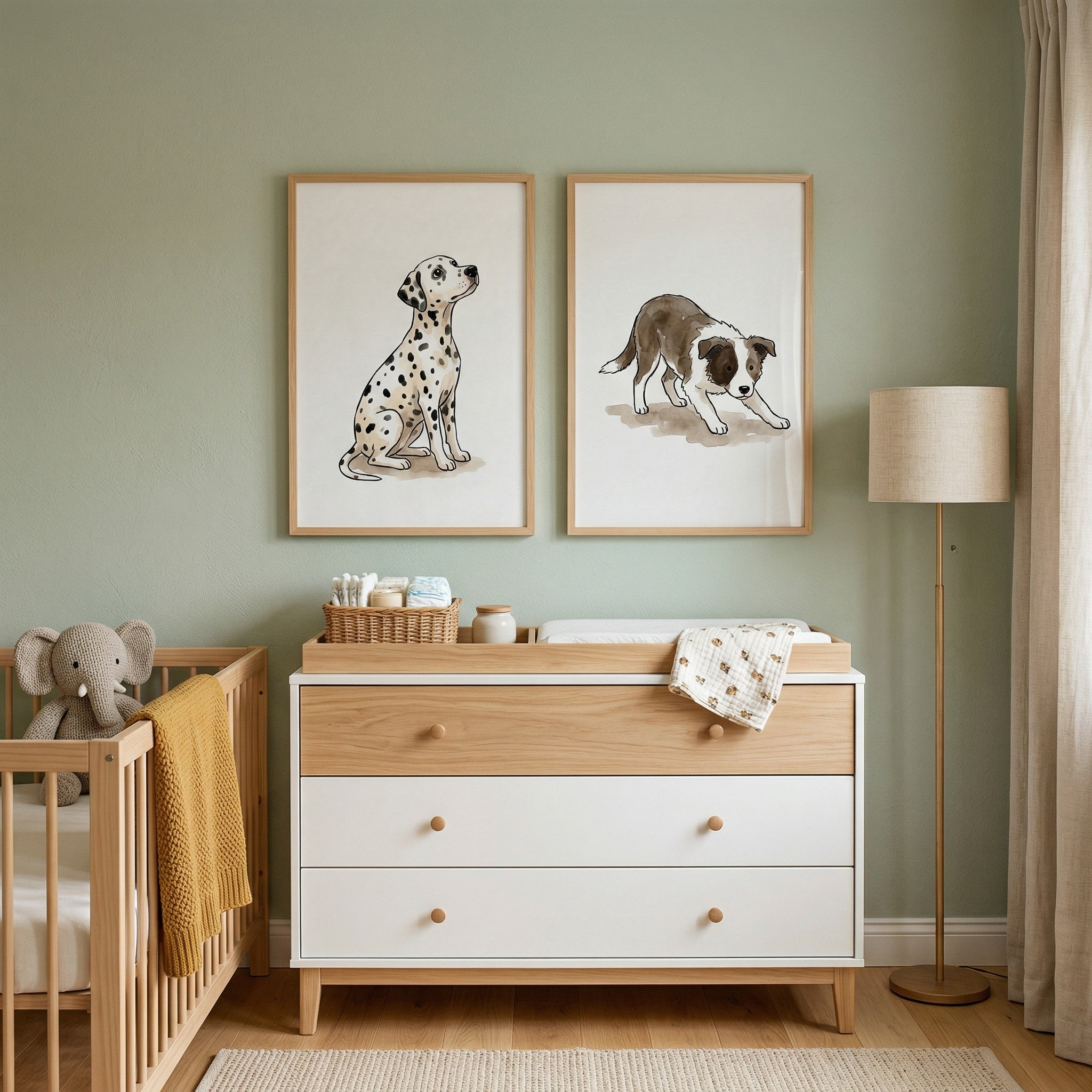 Neutral Earth Tone Puppy Wall Art Set of 2 - Playful Puppy Pair