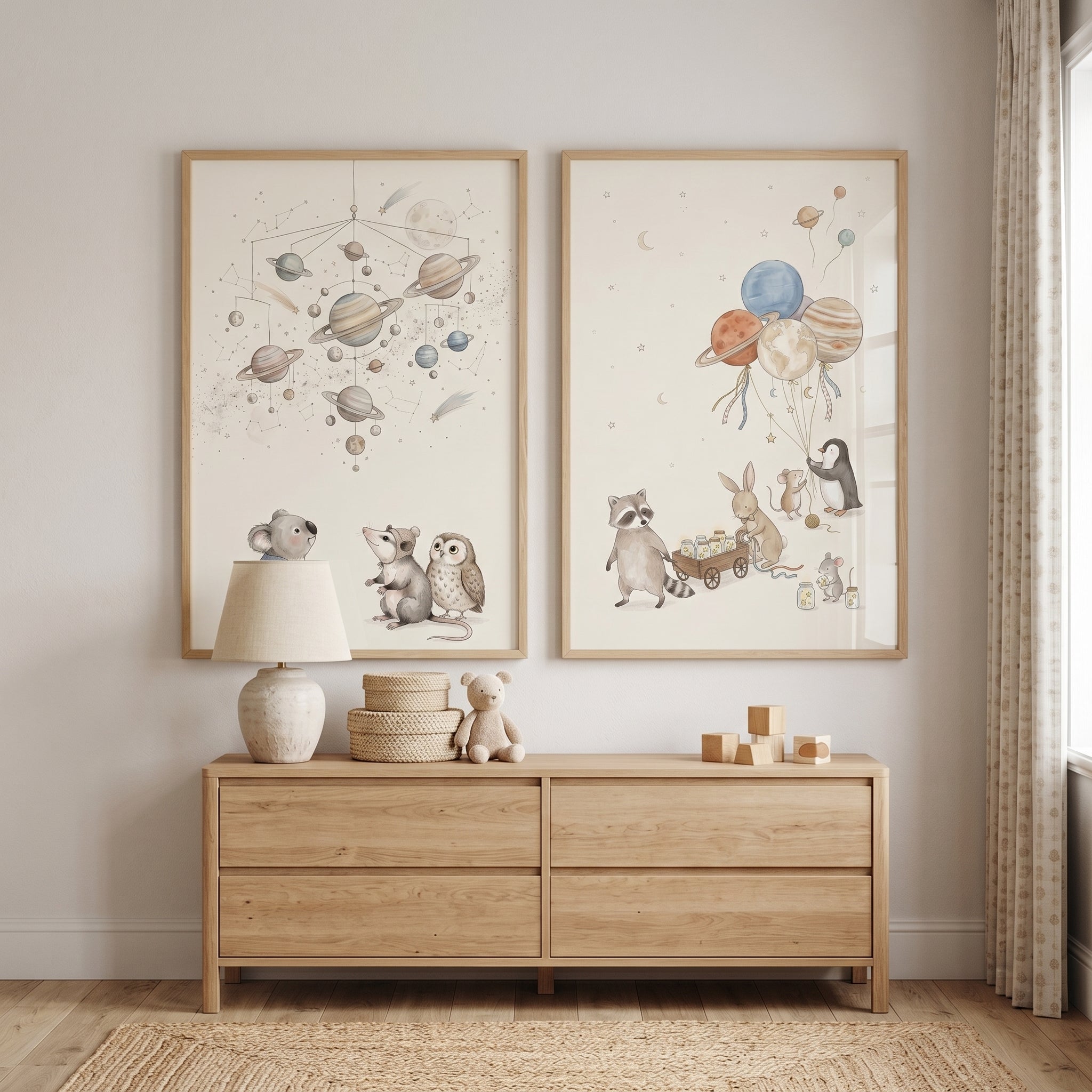 Neutral Earthy Celestial Animals Wall Art Set of 2 - Celestial Forest Friends