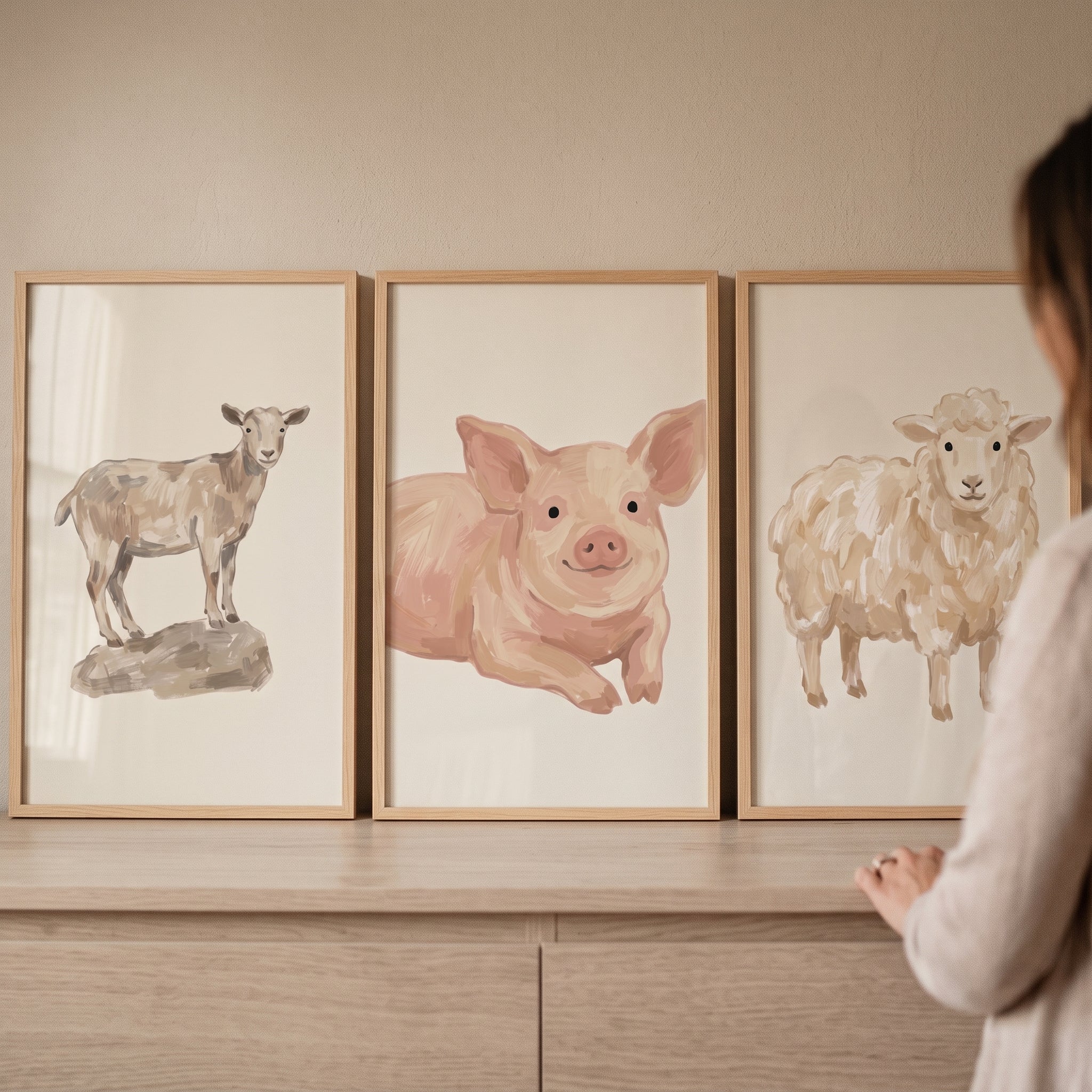Neutral Earthy Farm Animals Wall Art Set of 3 - Sweet Farm Trio