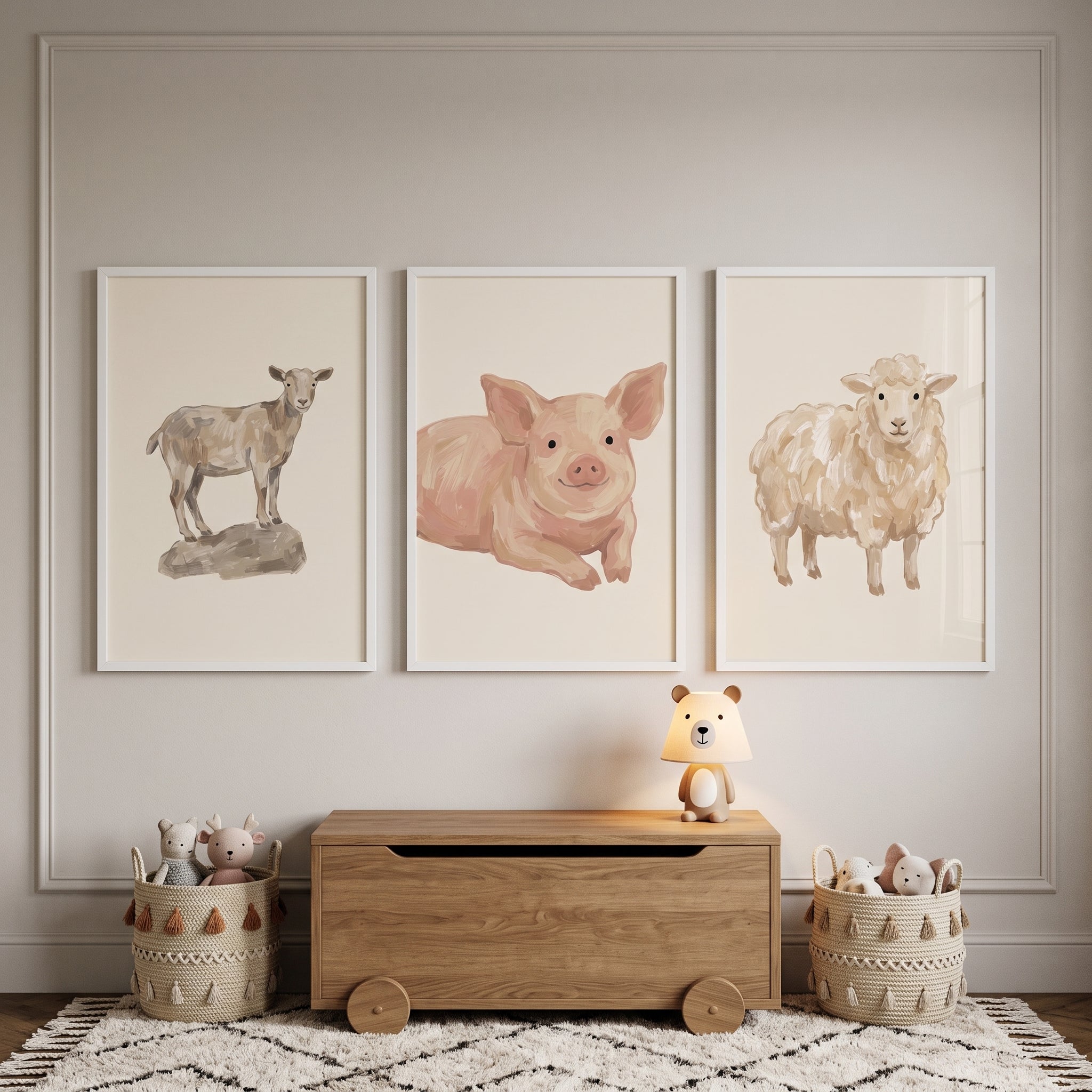 Neutral Earthy Farm Animals Wall Art Set of 3 - Sweet Farm Trio