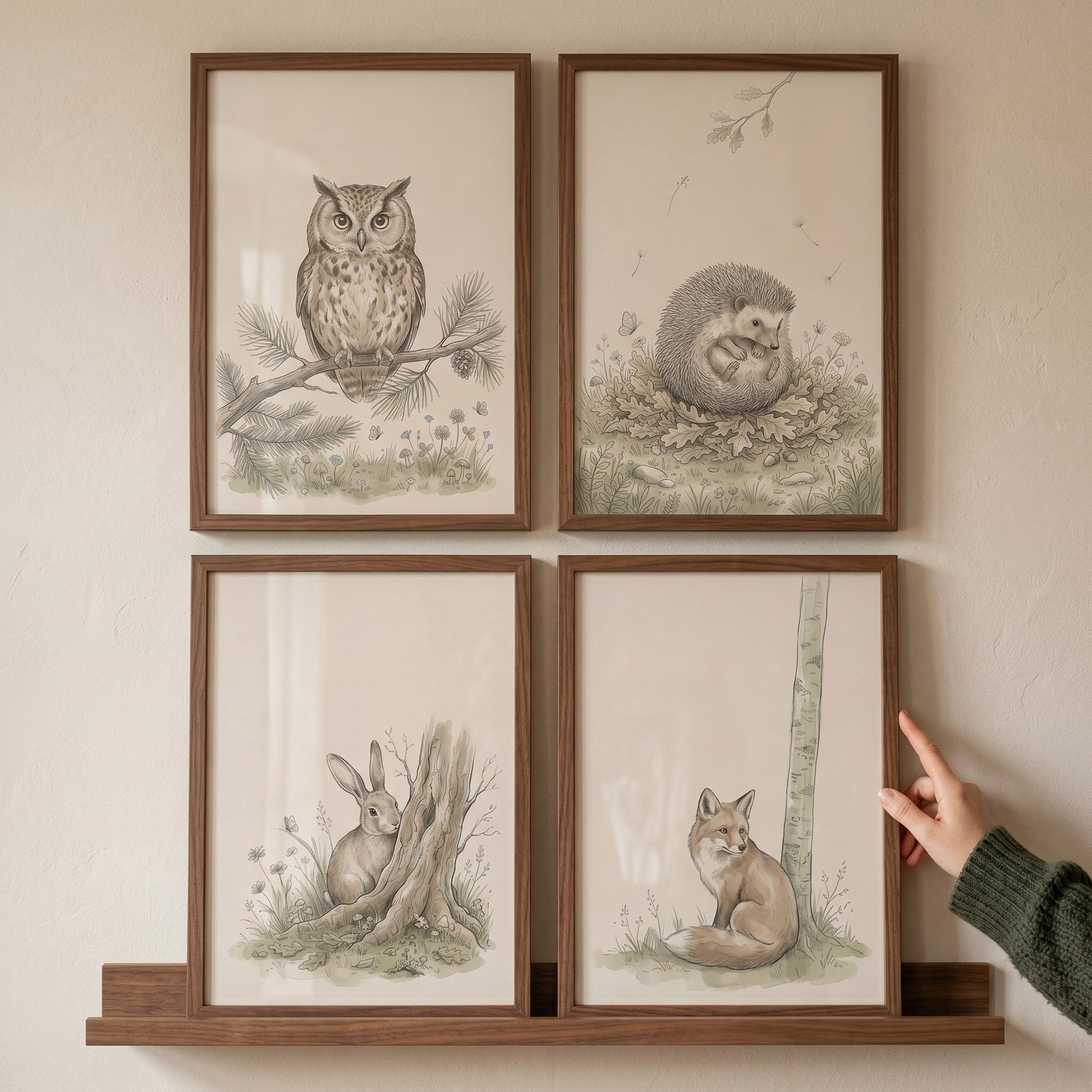 Neutral earthy forest animal wall art set of 4 featuring an owl, hedgehog, rabbit, and fox in wood frames on a shelf.