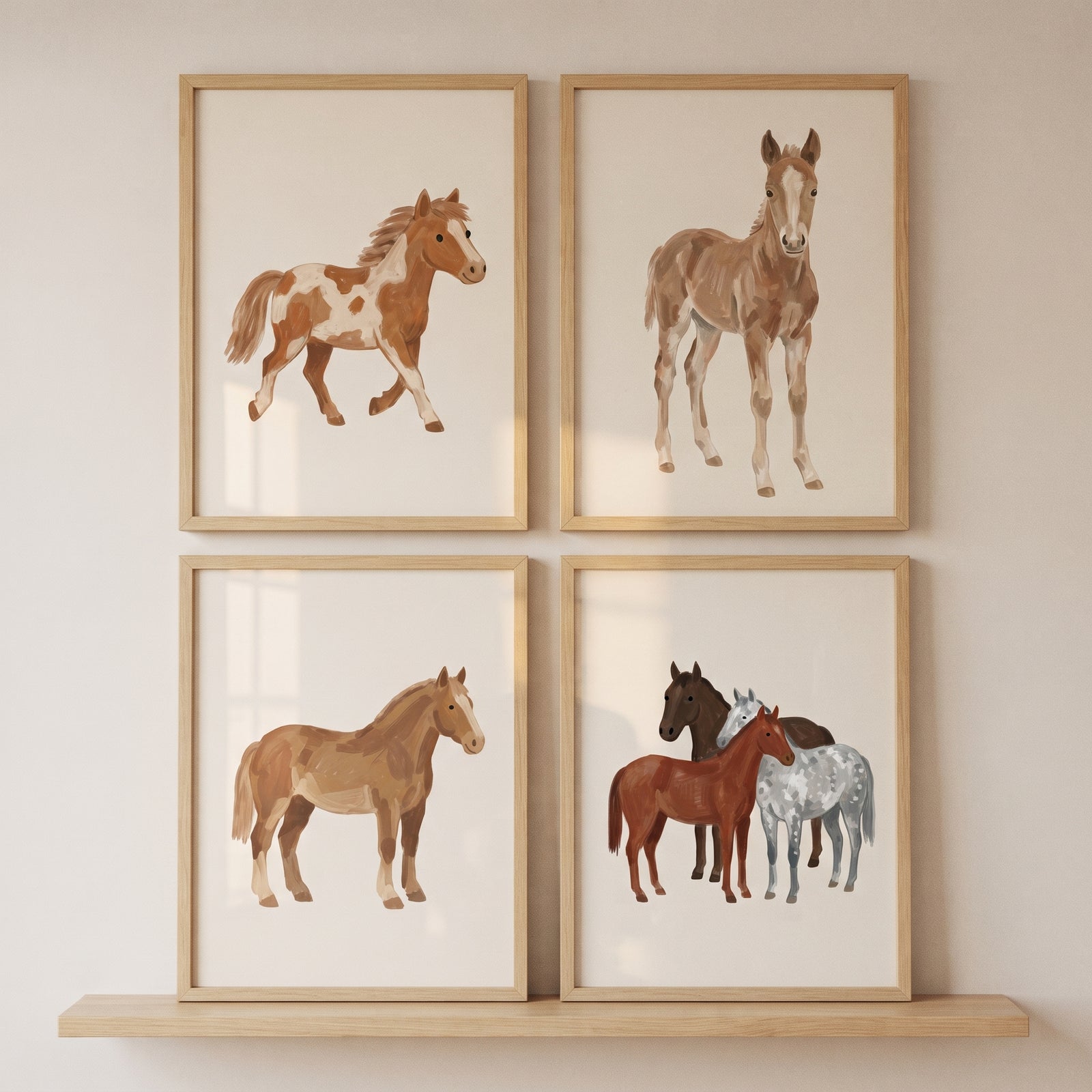 Neutral earthy horse wall art set of 4 featuring various horse and foal illustrations in wood frames on a shelf.