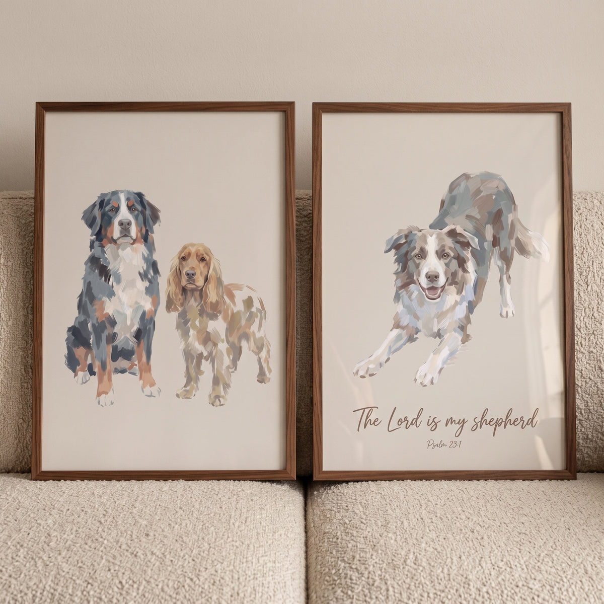 Neutral earthy multi dog wall art set of 2 features illustrations of three dogs and a religious quote in wood frames.