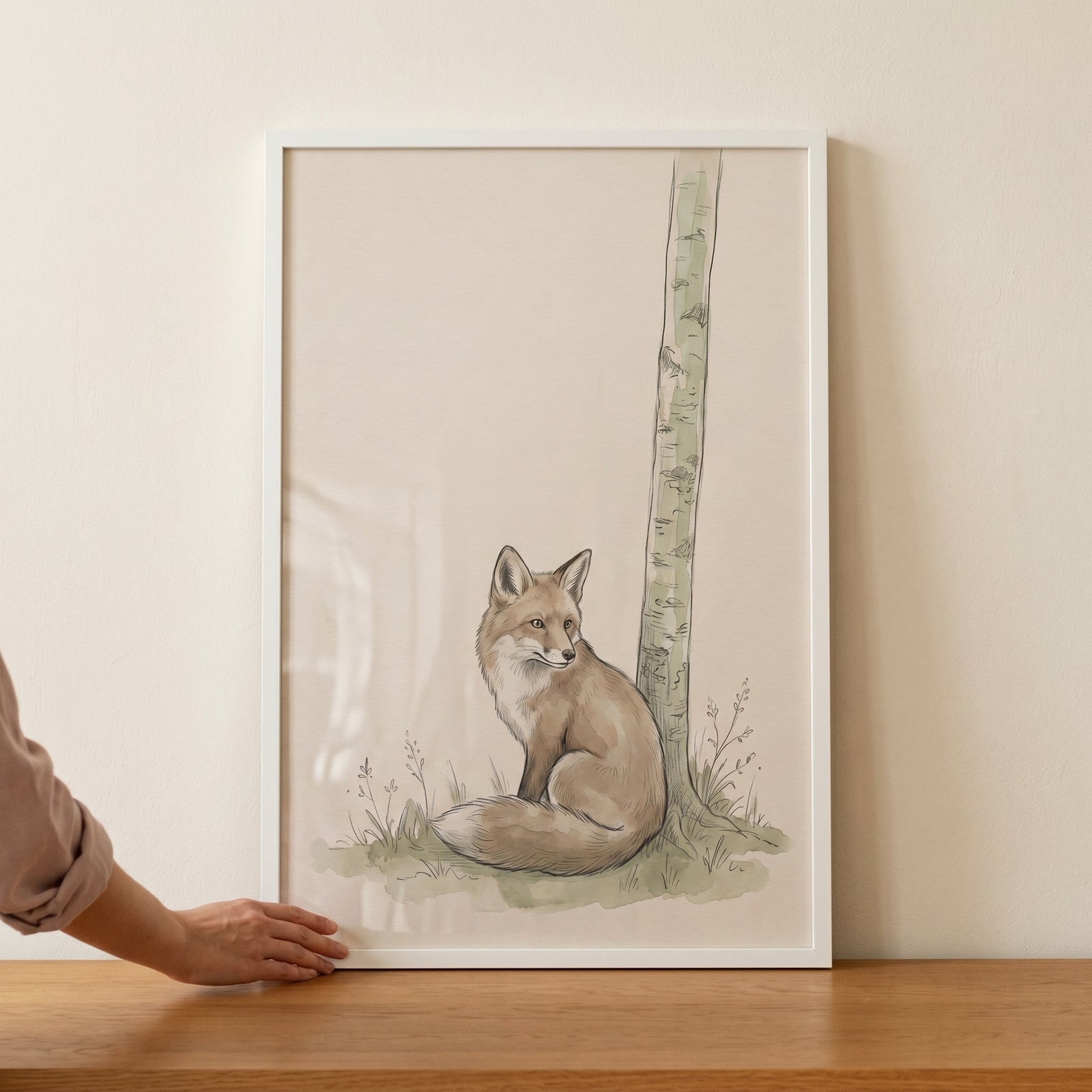 Neutral earthy tone sitting fox artwork in a white frame, featuring a fox beside a birch tree on a wooden surface.