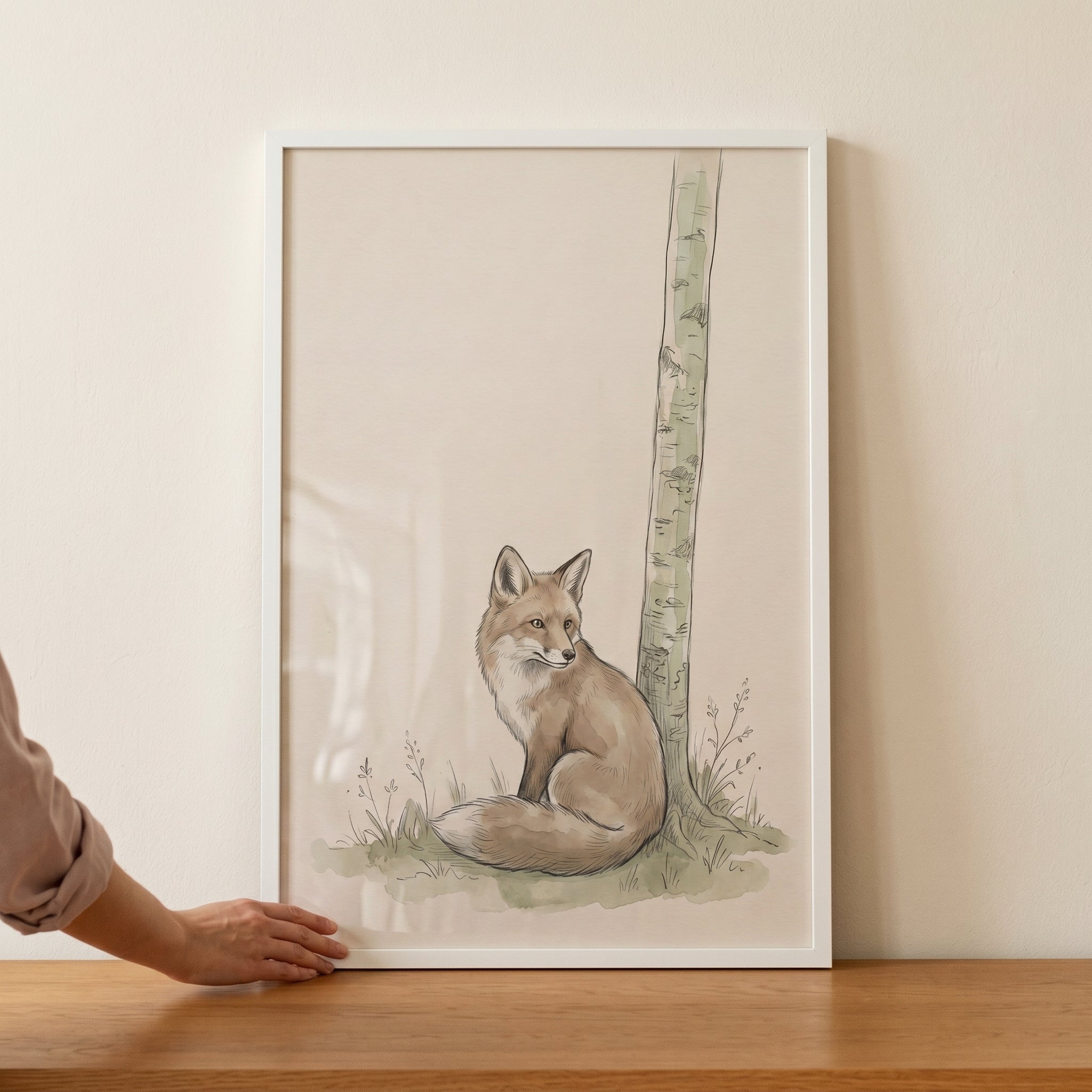 Neutral Earthy Tone Sitting Fox Artwork - Silent Birch Fox