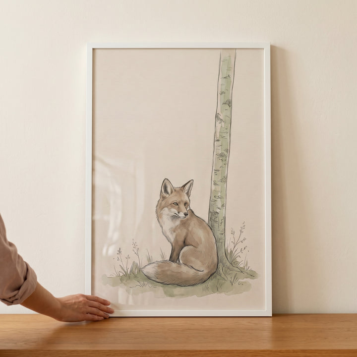Neutral earthy tone sitting fox artwork in a white frame, featuring a fox beside a birch tree on a wooden surface.