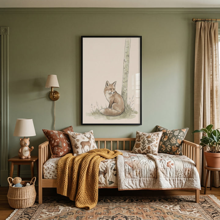 Sage green room featuring a neutral earthy tone sitting fox artwork over a wooden daybed with patterned pillows and rug.