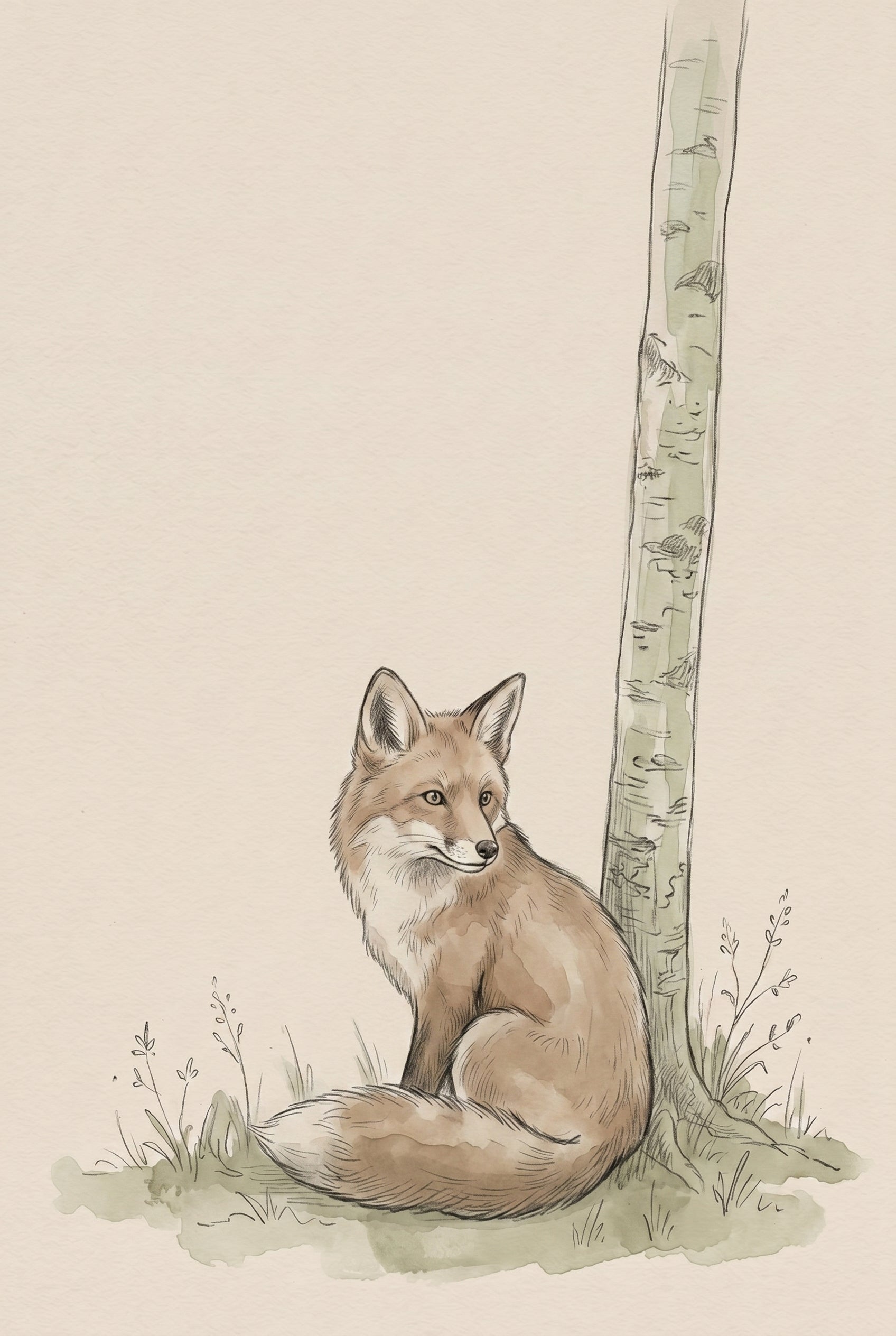Neutral Earthy Tone Sitting Fox Artwork - Silent Birch Fox