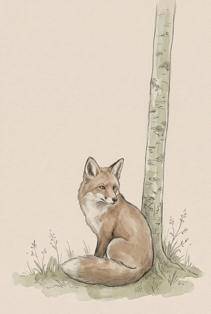 Neutral earthy tone sitting fox artwork next to a slender tree with soft grass on a textured beige background.
