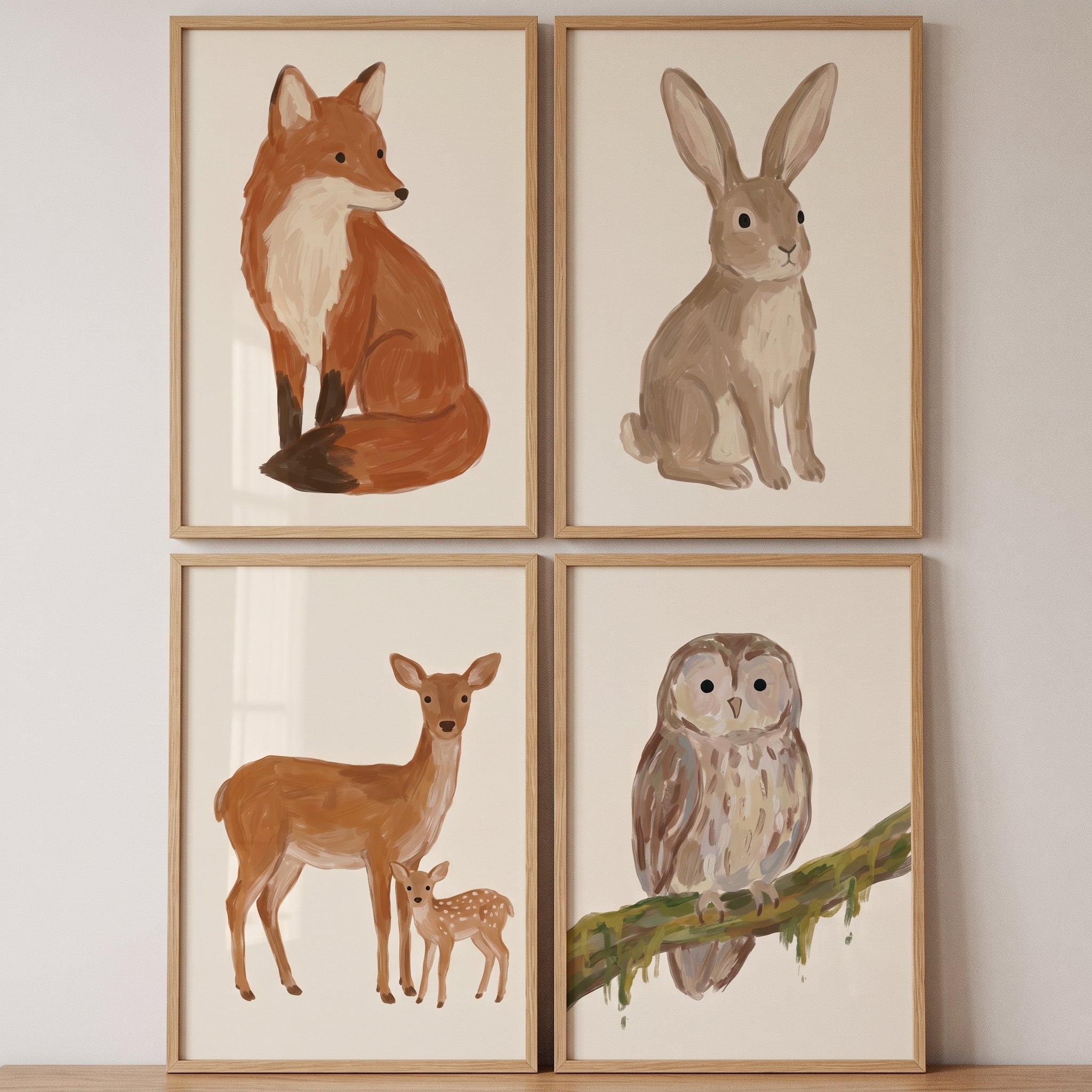 Neutral Earthy Woodland Animals Wall Art Set of 4 - Woodland Friend Art