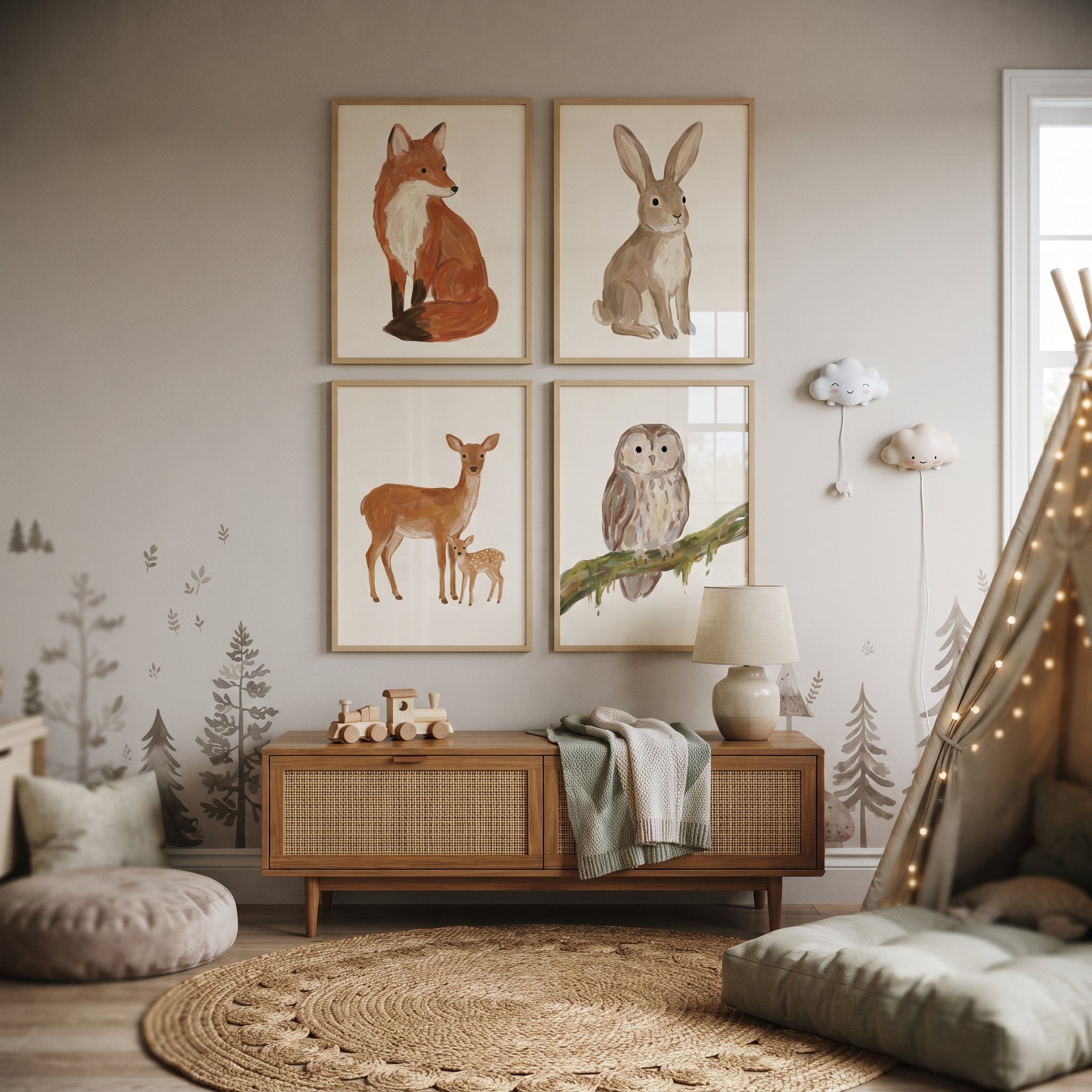 Neutral Earthy Woodland Animals Wall Art Set of 4 - Woodland Friend Art