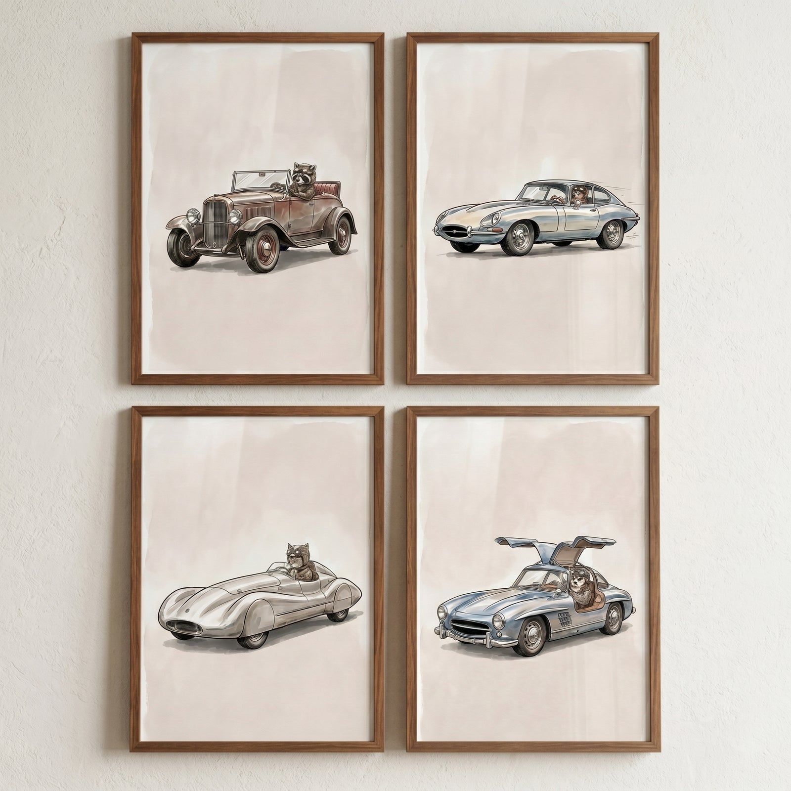 Classic cars with animal drivers in this neutral goggles driving animal wall art set of 4 in wooden frames.