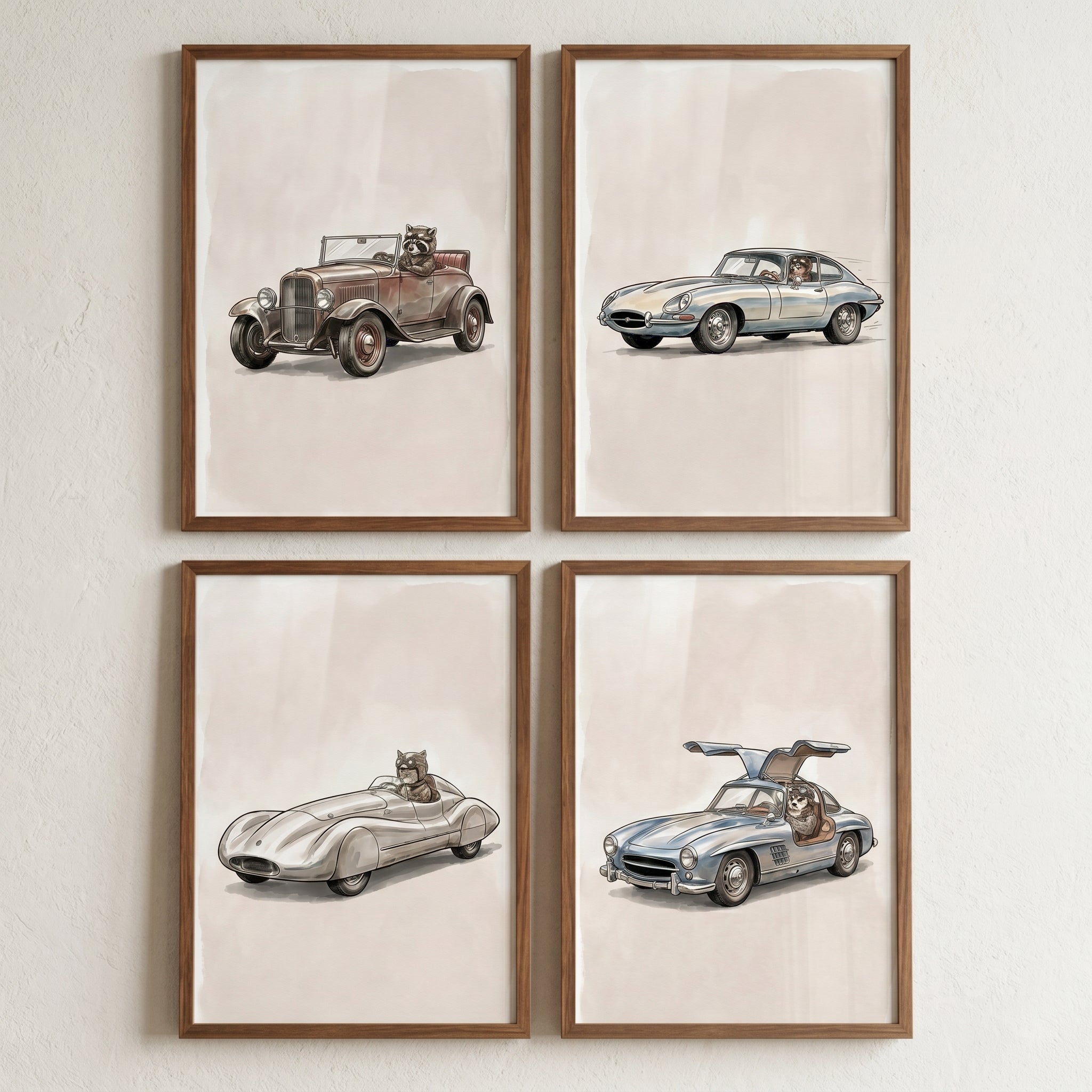 Neutral Goggles Driving Animal Wall Art Set of 4 - Vintage Animal Autos