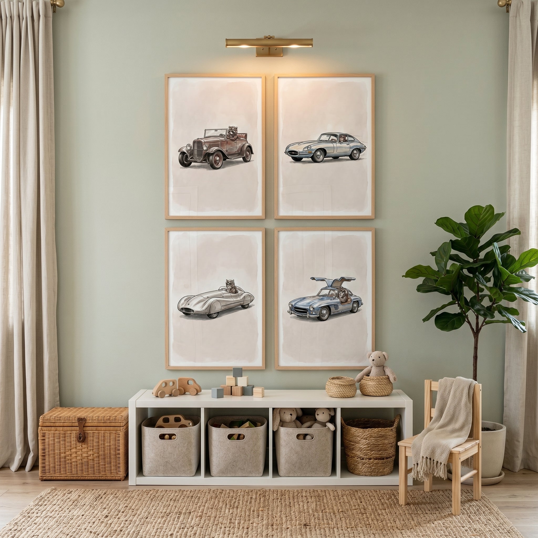 Neutral Goggles Driving Animal Wall Art Set of 4 - Vintage Animal Autos