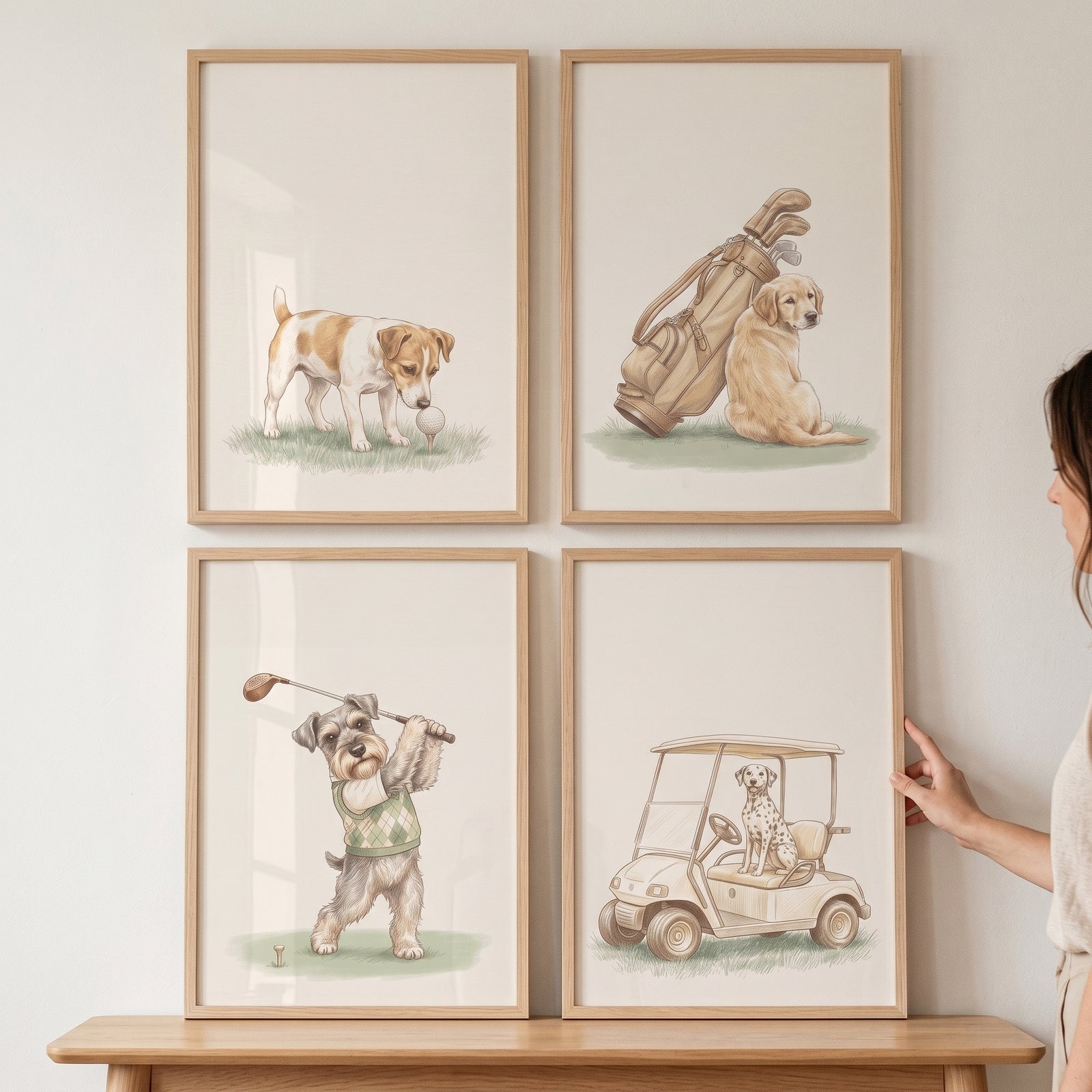 Neutral golfing dogs wall art set of 4 featuring illustrations of dogs with golf clubs, balls, bags, and a golf cart.