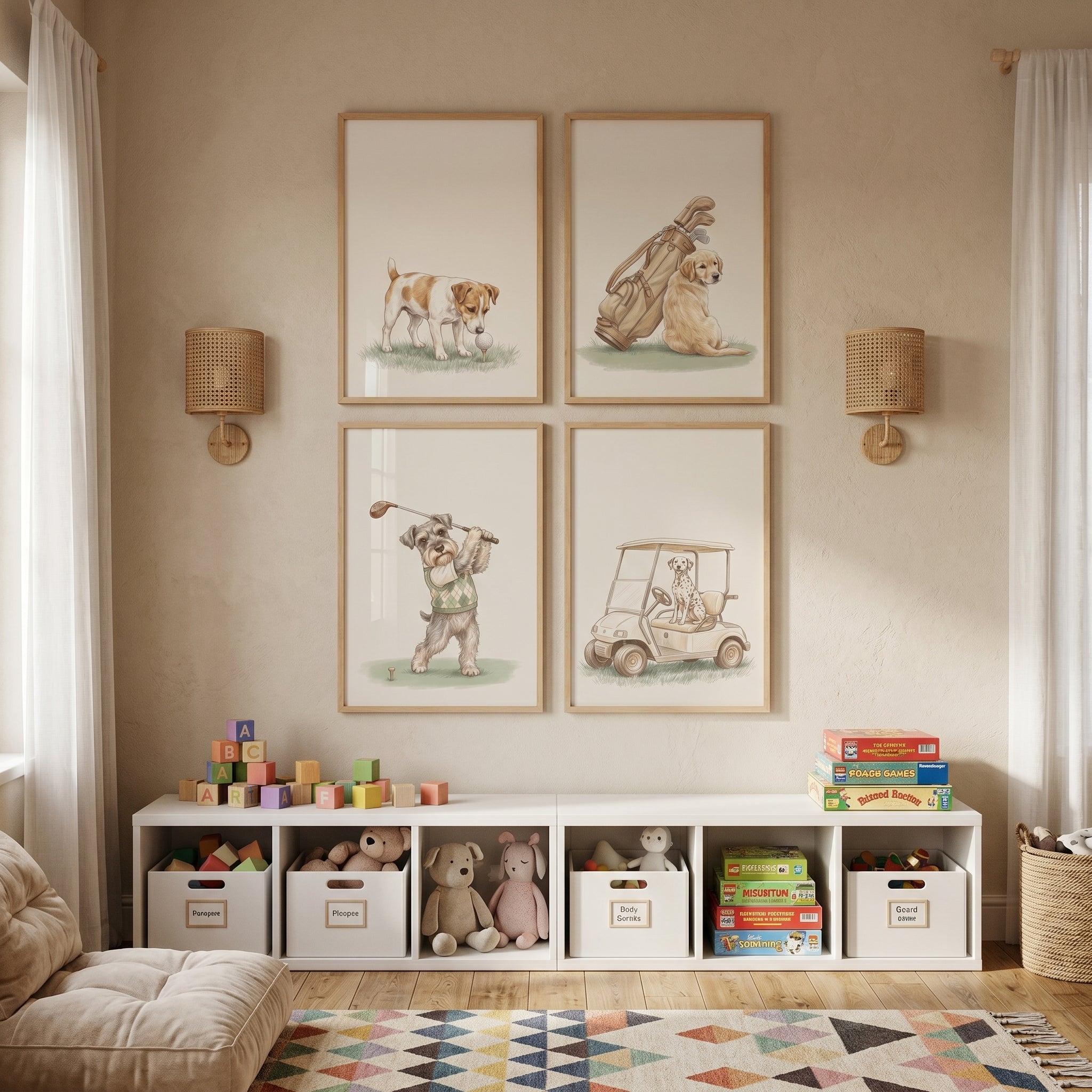 Neutral Golfing Dogs Wall Art Set of 4 - Paws On Course