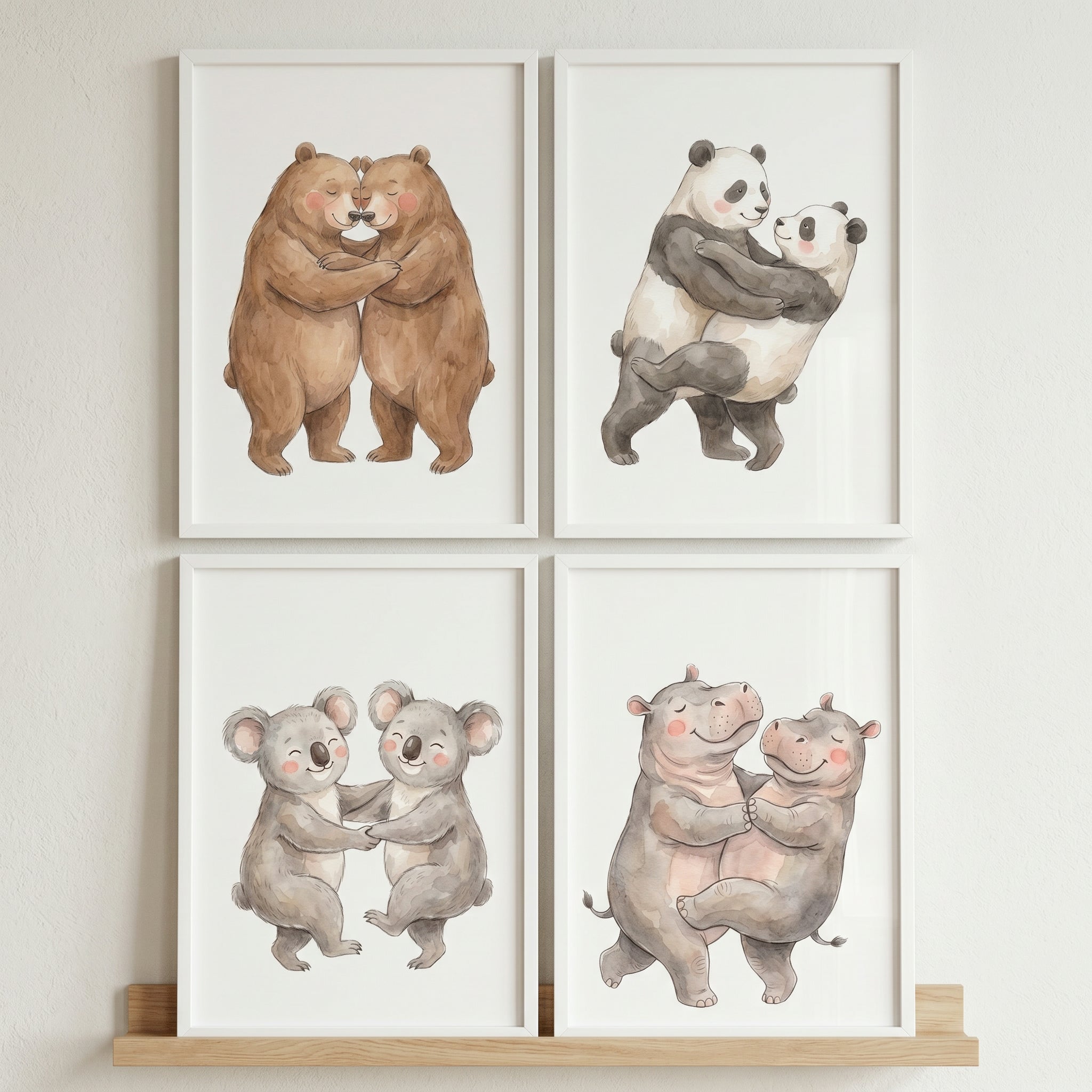 Neutral Hugging Animals Wall Art Set of 4 - Whimsical Animal Hugs