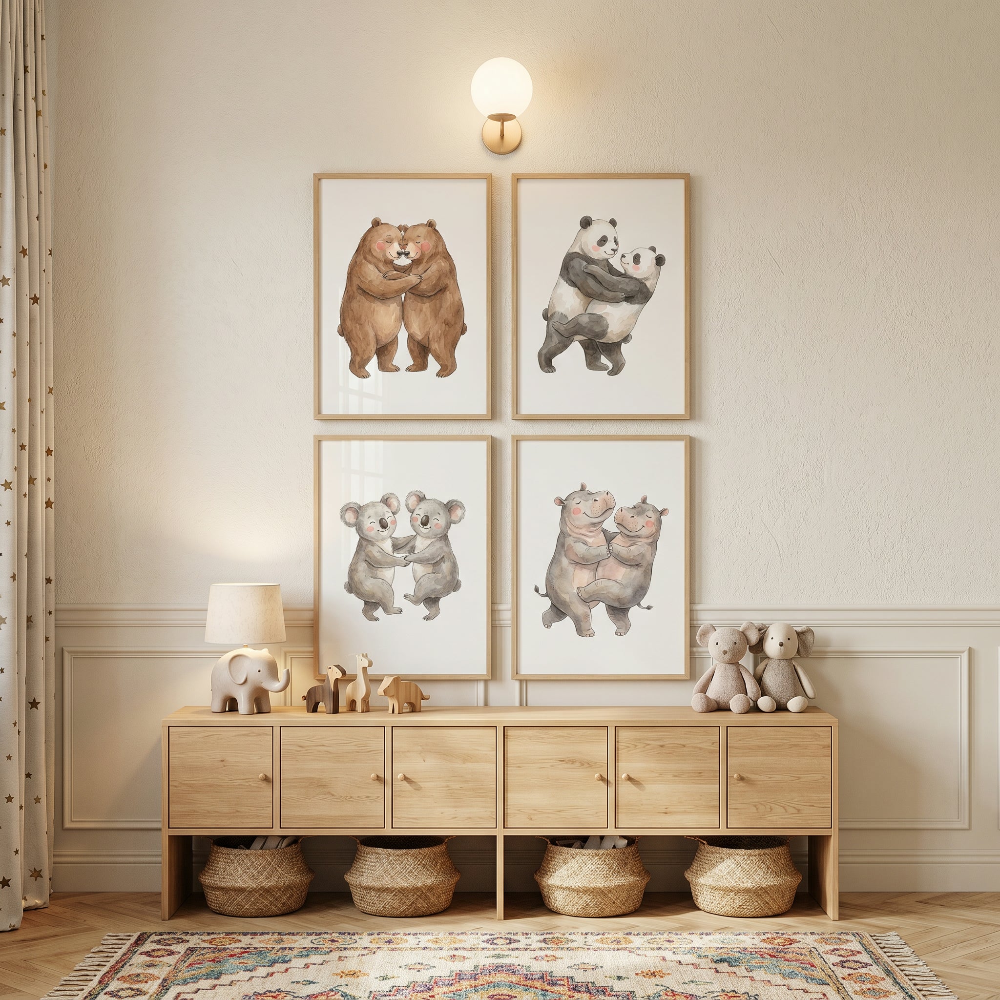 Neutral Hugging Animals Wall Art Set of 4 - Whimsical Animal Hugs