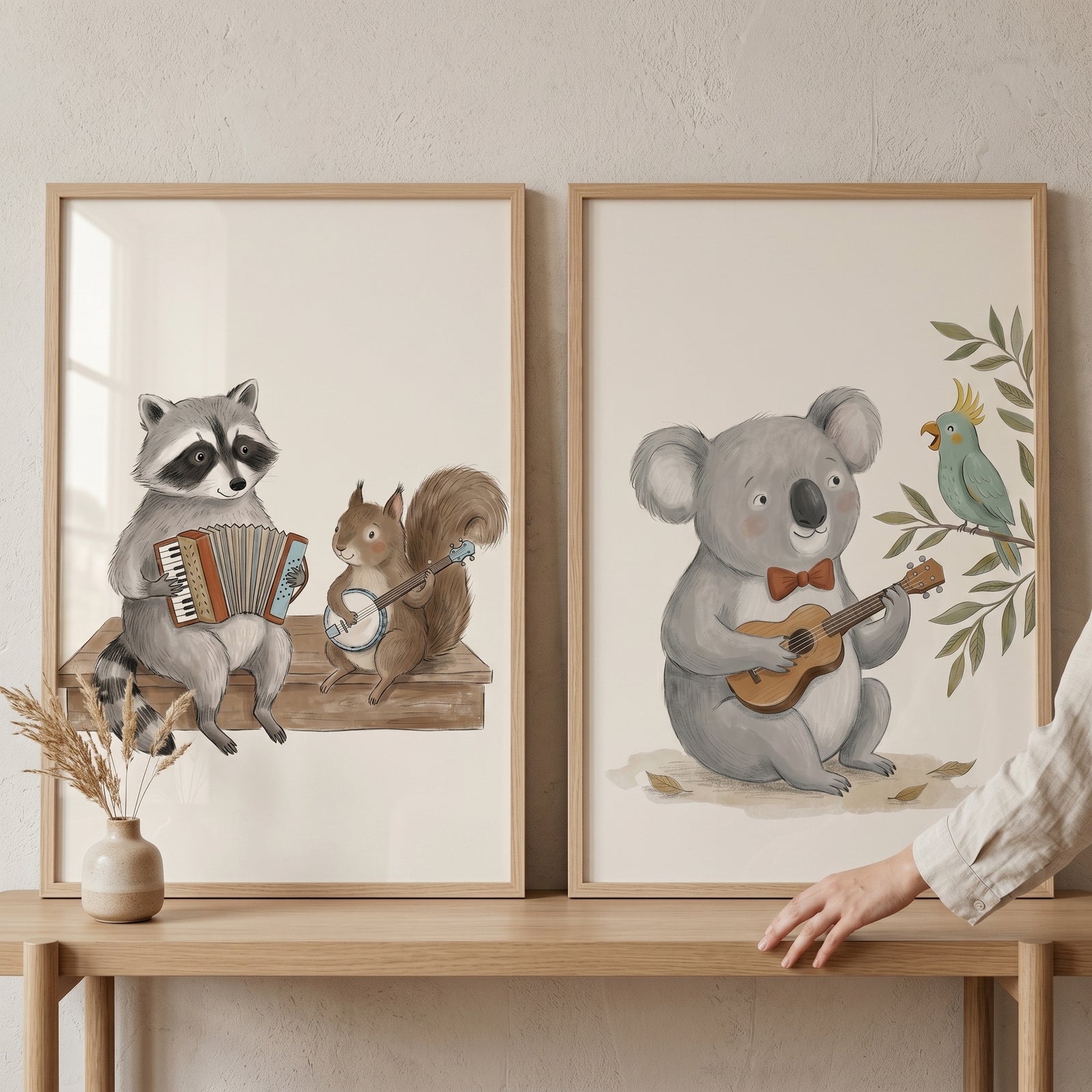 Neutral illustrated musical animals wall art set of 2 featuring a raccoon, squirrel, koala, and bird playing instruments.