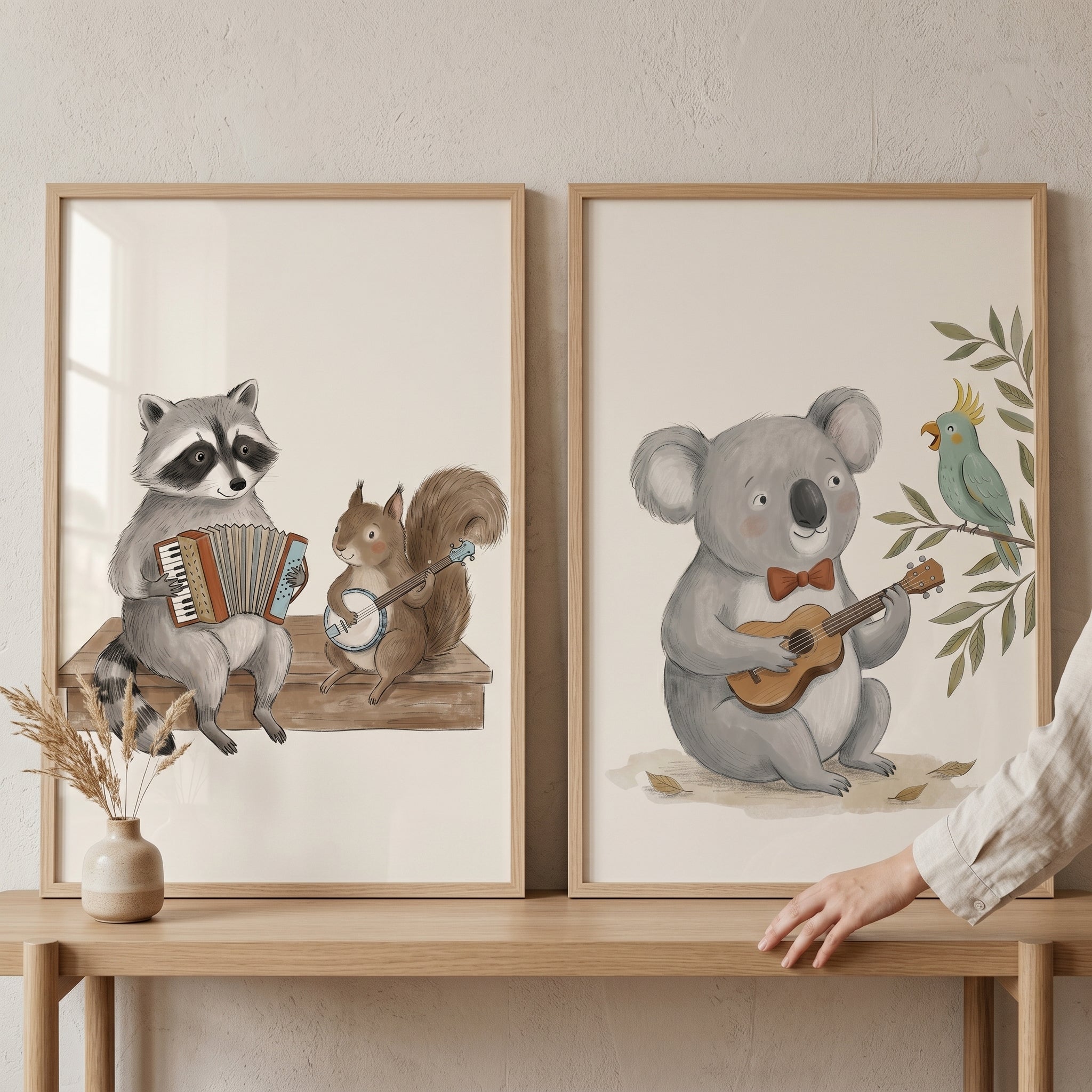 Neutral Illustrated Musical Animals Wall Art Set Of 2 - Wild Musical Friends