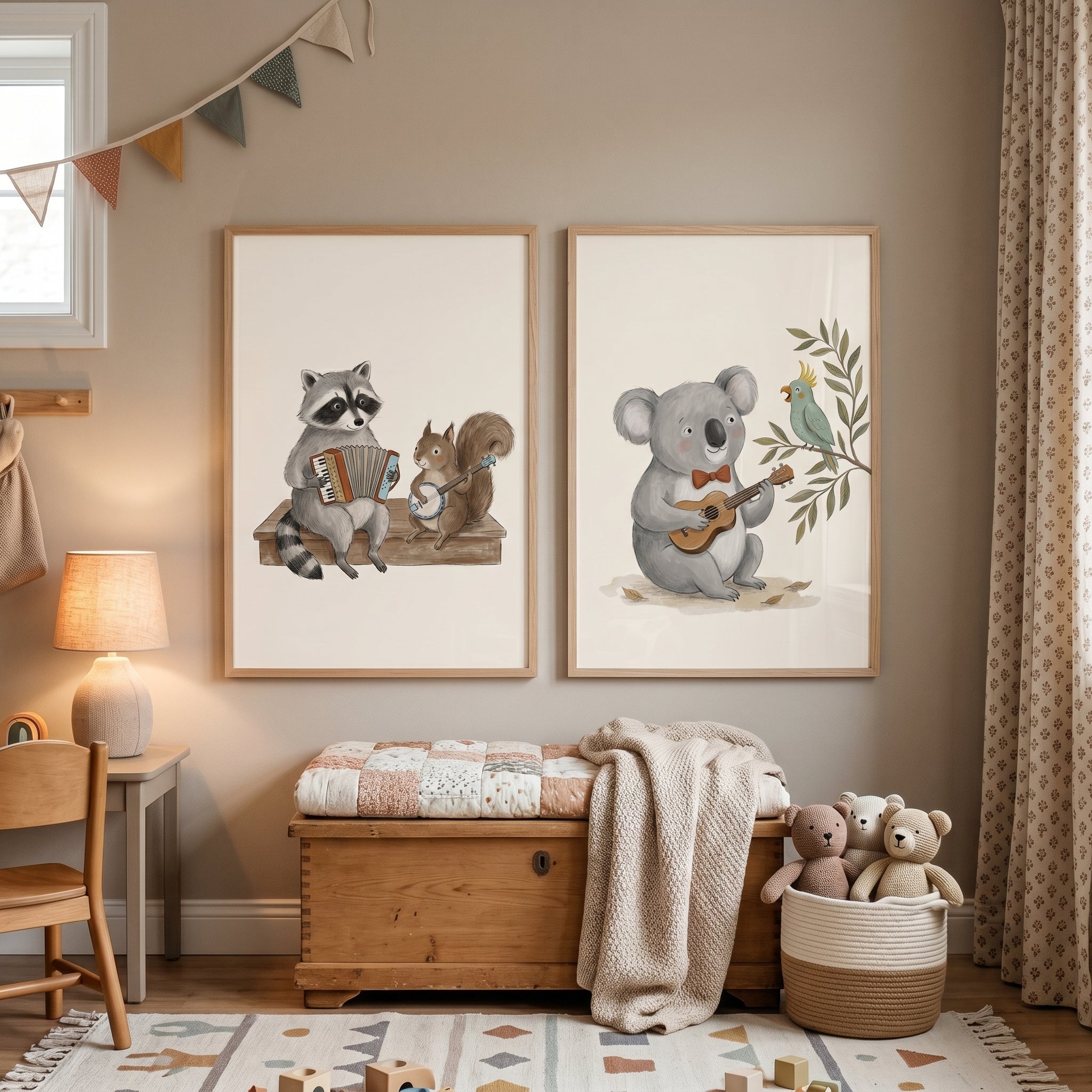 Neutral Illustrated Musical Animals Wall Art Set Of 2 - Wild Musical Friends