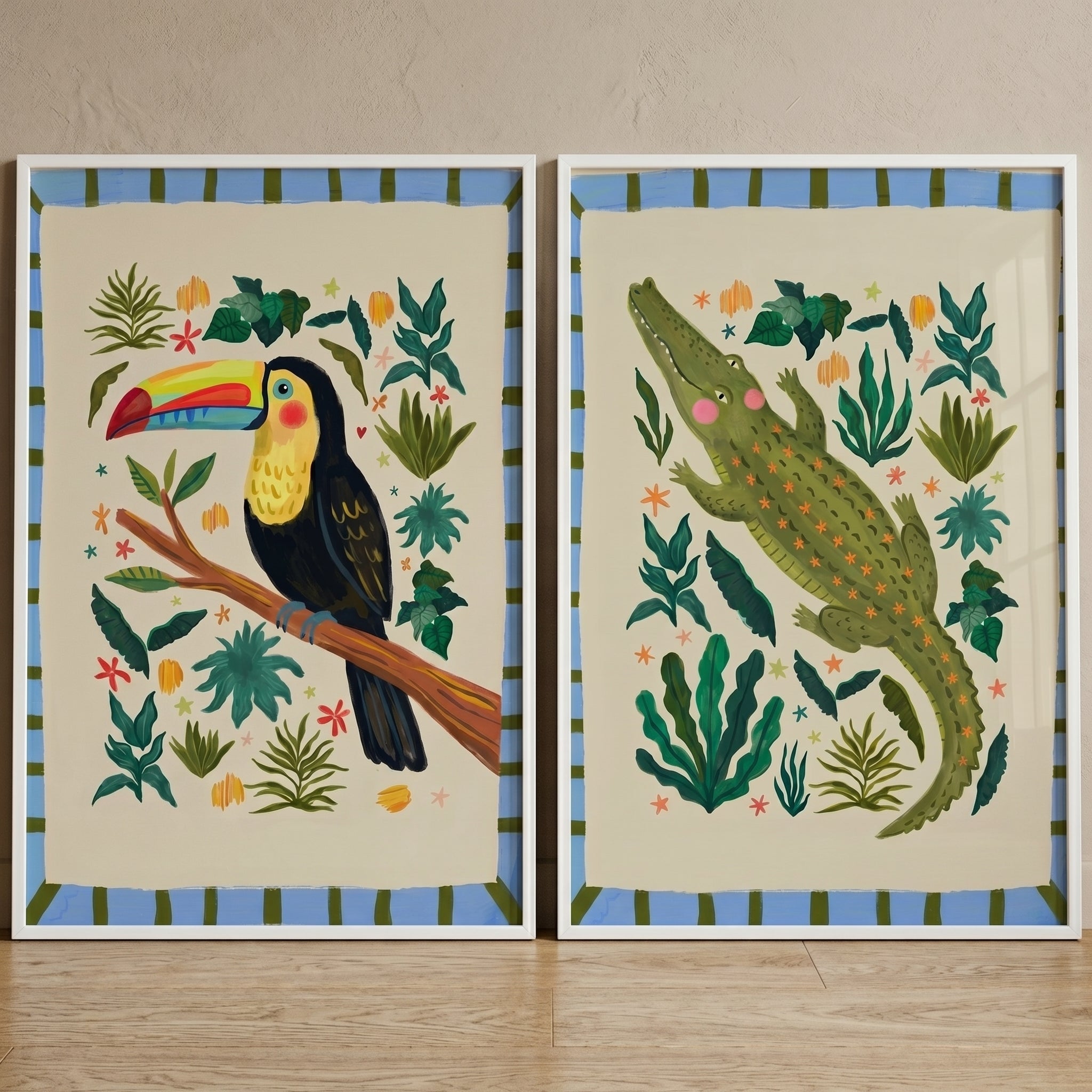 Neutral Illustrative Jungle Animal Wall Art Set of 2 - Vibrant Jungle Friends