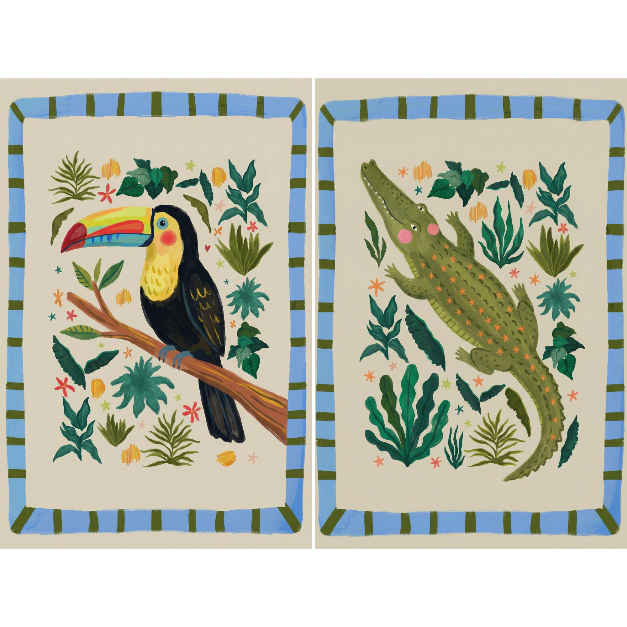 Neutral Illustrative Jungle Animal Wall Art Set of 2 - Vibrant Jungle Friends