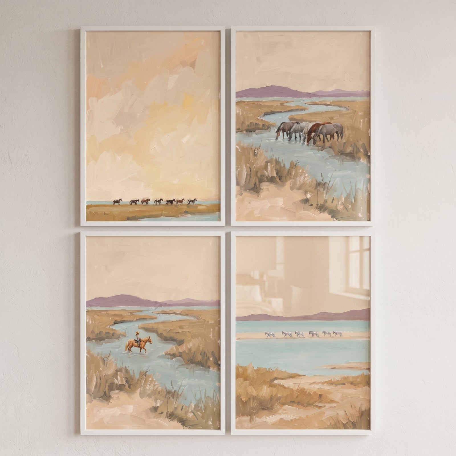 Neutral impressionist marshland horses wall art set of 4 with horses and a rider in soft-toned, muted landscapes.