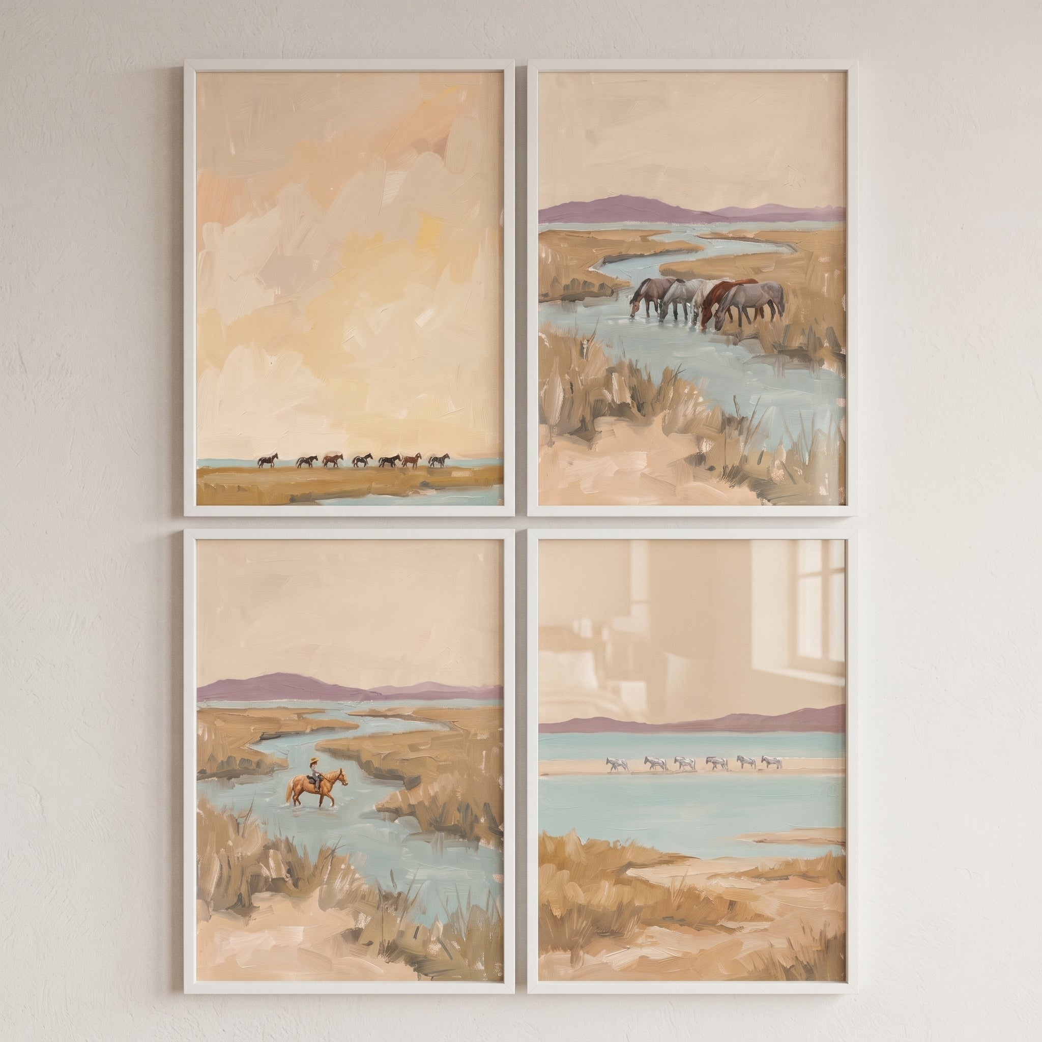 Neutral Impressionist Marshland Horses Wall Art Set of 4 - Wandering Wild Herds
