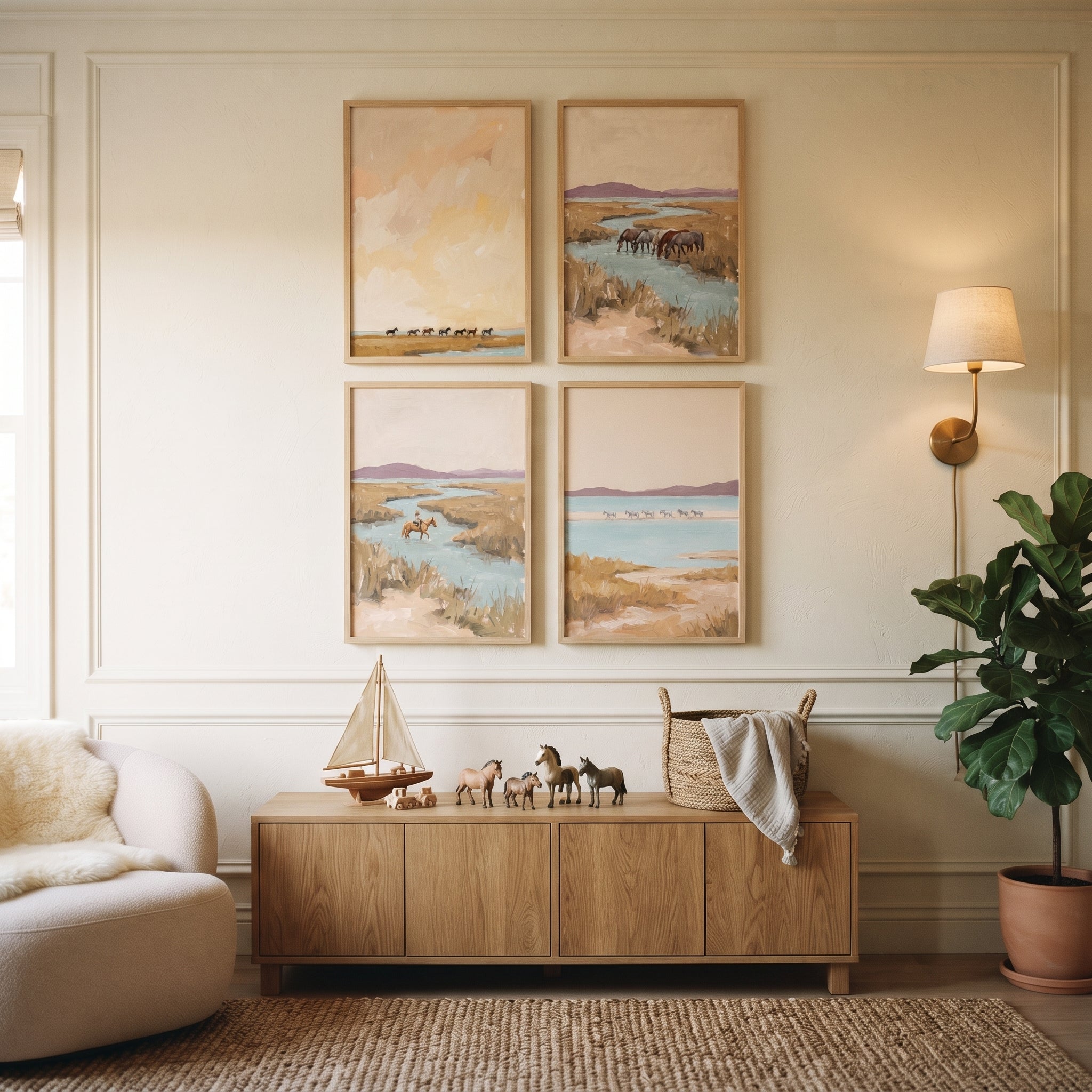 Neutral Impressionist Marshland Horses Wall Art Set of 4 - Wandering Wild Herds