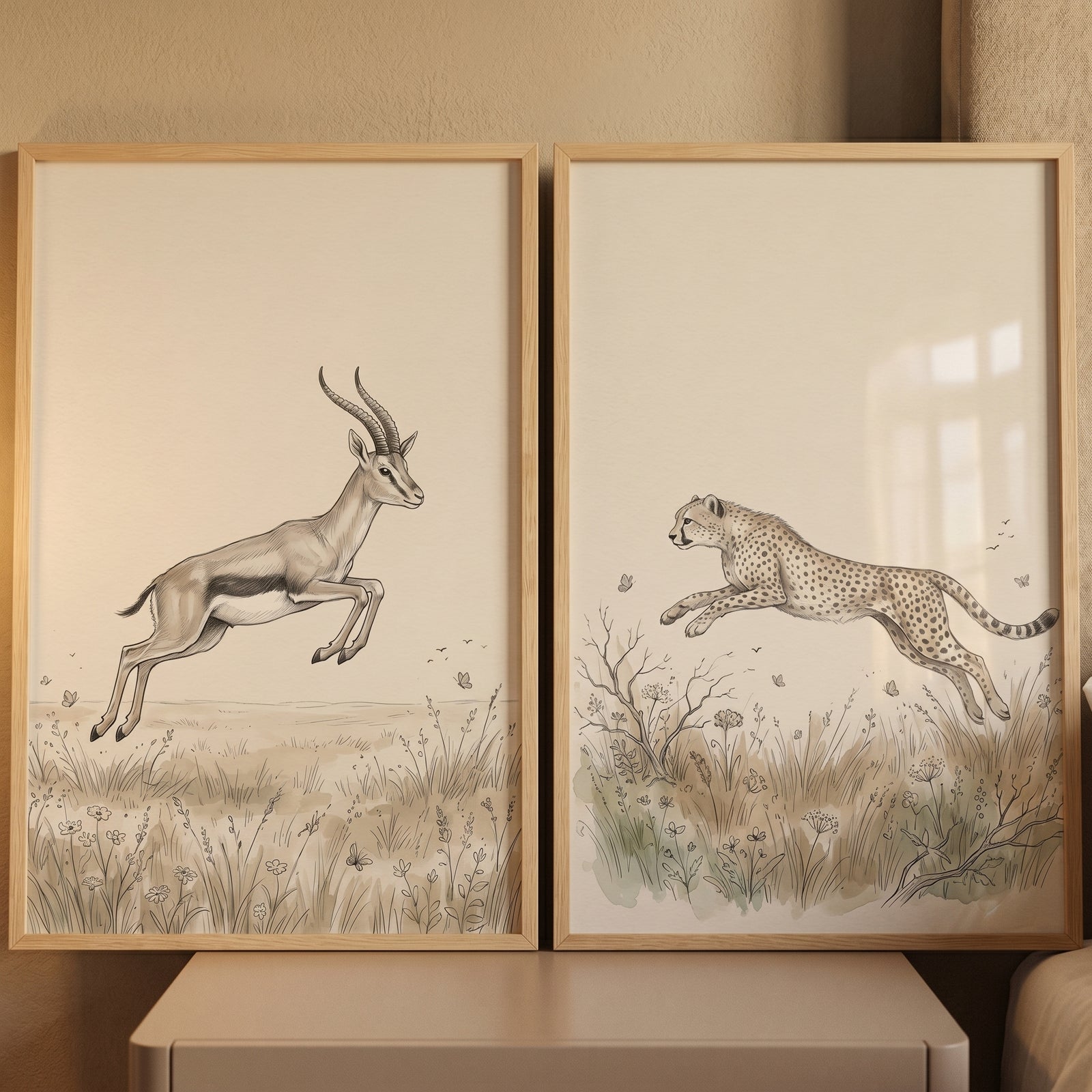 Neutral leaping safari animals print set of 2 features a gazelle and cheetah jumping over tall grass in wooden frames.