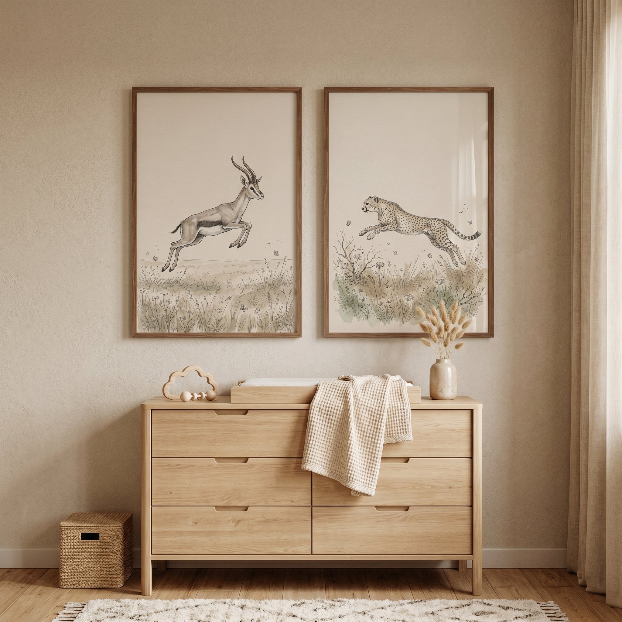 Neutral Leaping Safari Animals Print Set Of 2 - Wilderness Chase