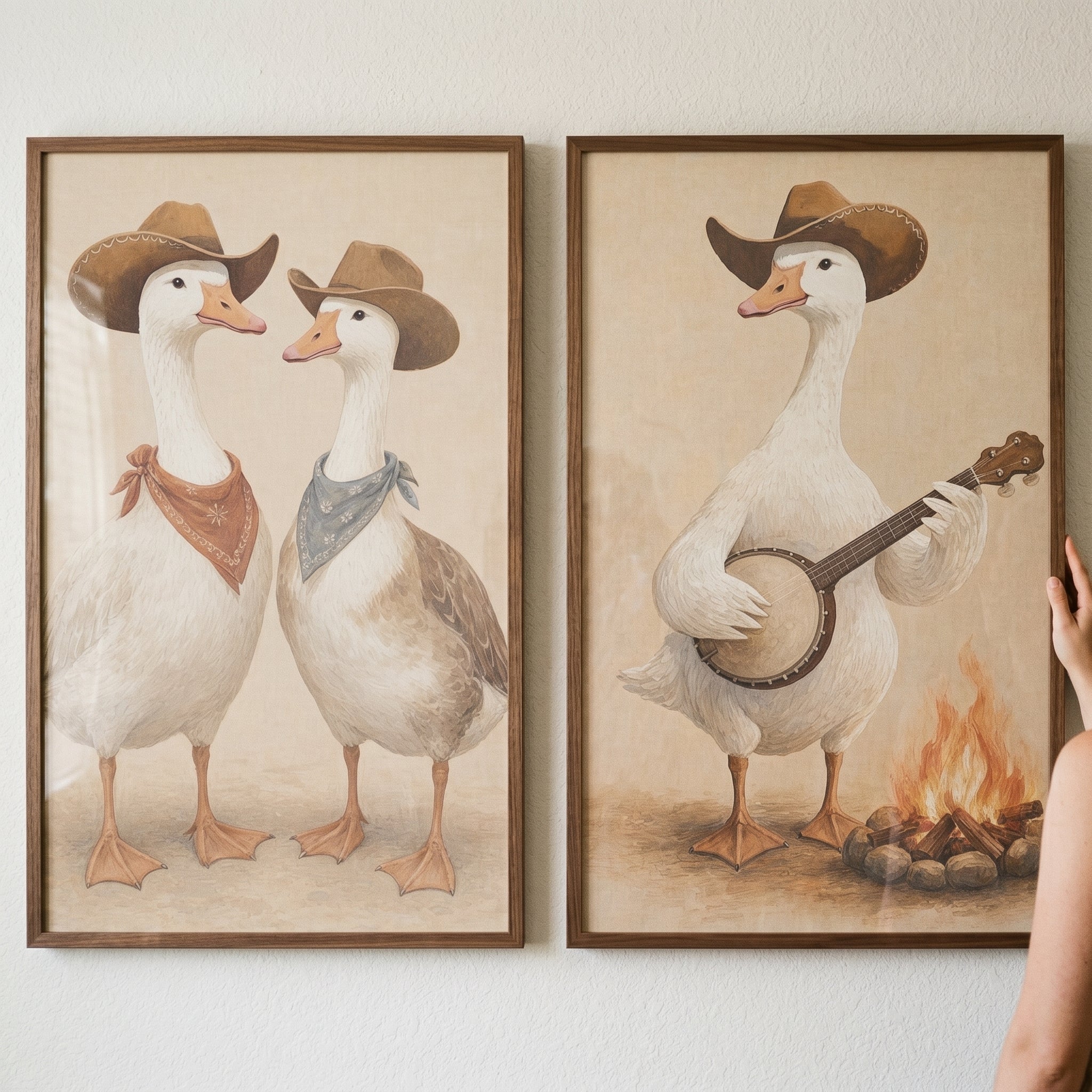 Neutral Minimalist Cowboy Goose Wall Art Set of 2 - Western Goose Life