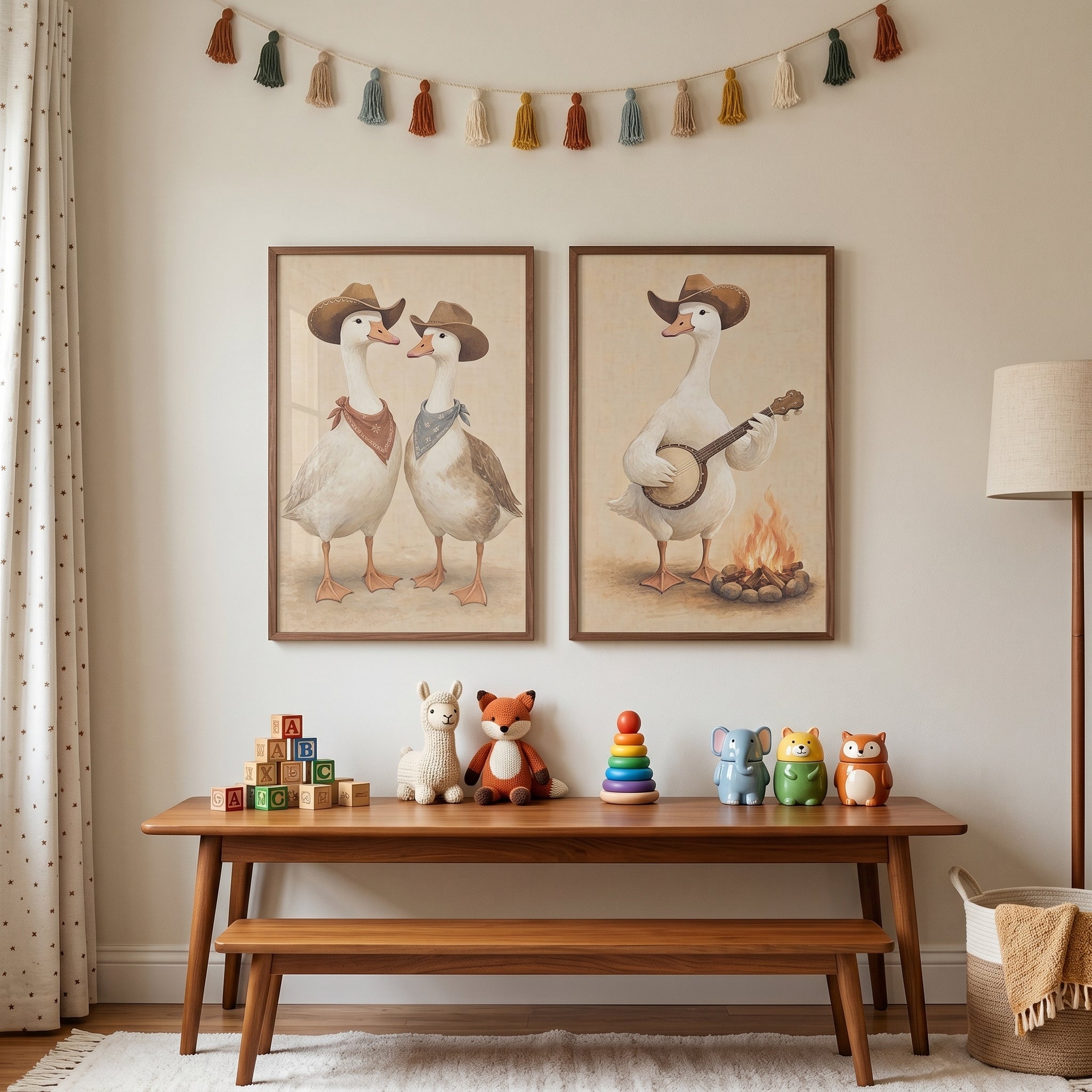Neutral Minimalist Cowboy Goose Wall Art Set of 2 - Western Goose Life