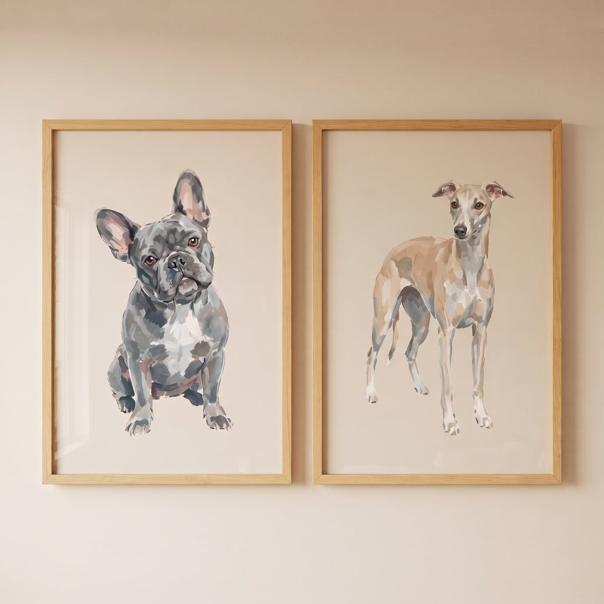Neutral minimalist dog wall art set of 2 featuring a French bulldog and a greyhound in light wood frames.