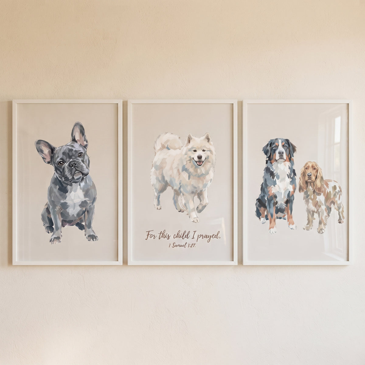 Neutral multi breed dog wall art set of 3 with illustrations of a bulldog, fluffy dog, spaniel, and a Bible verse.