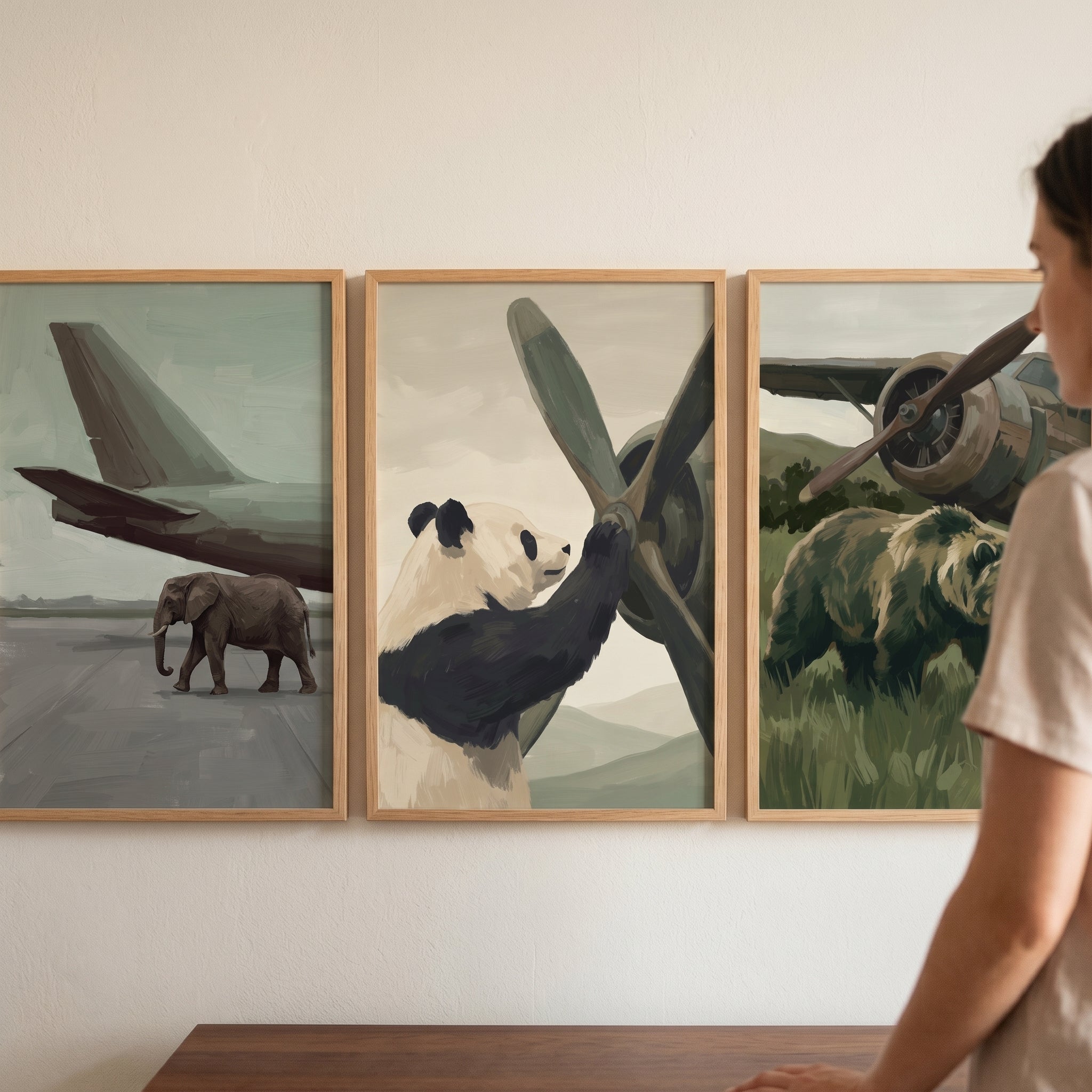 Neutral Muted Airplane Animal Wall Art Set of 3 - Giant Winged Beasts