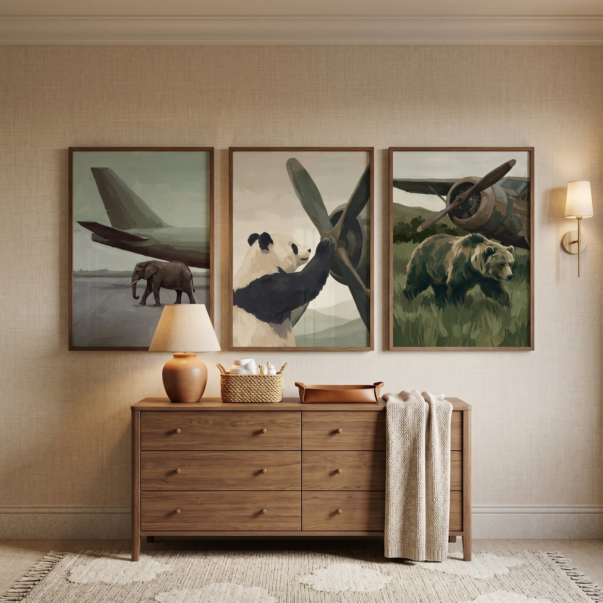 Neutral Muted Airplane Animal Wall Art Set of 3 - Giant Winged Beasts